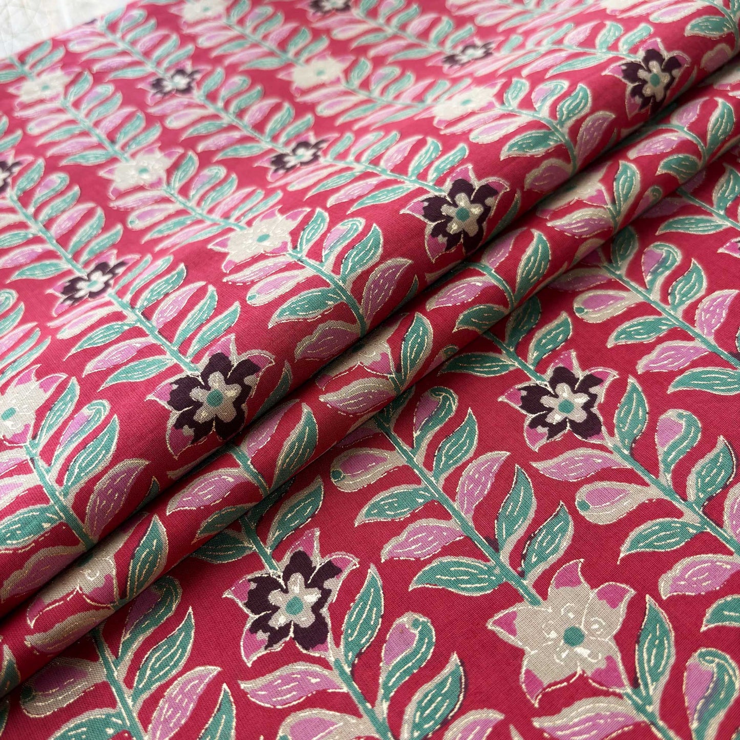 Red Floral Foil Print Cotton Fabric PB-23781