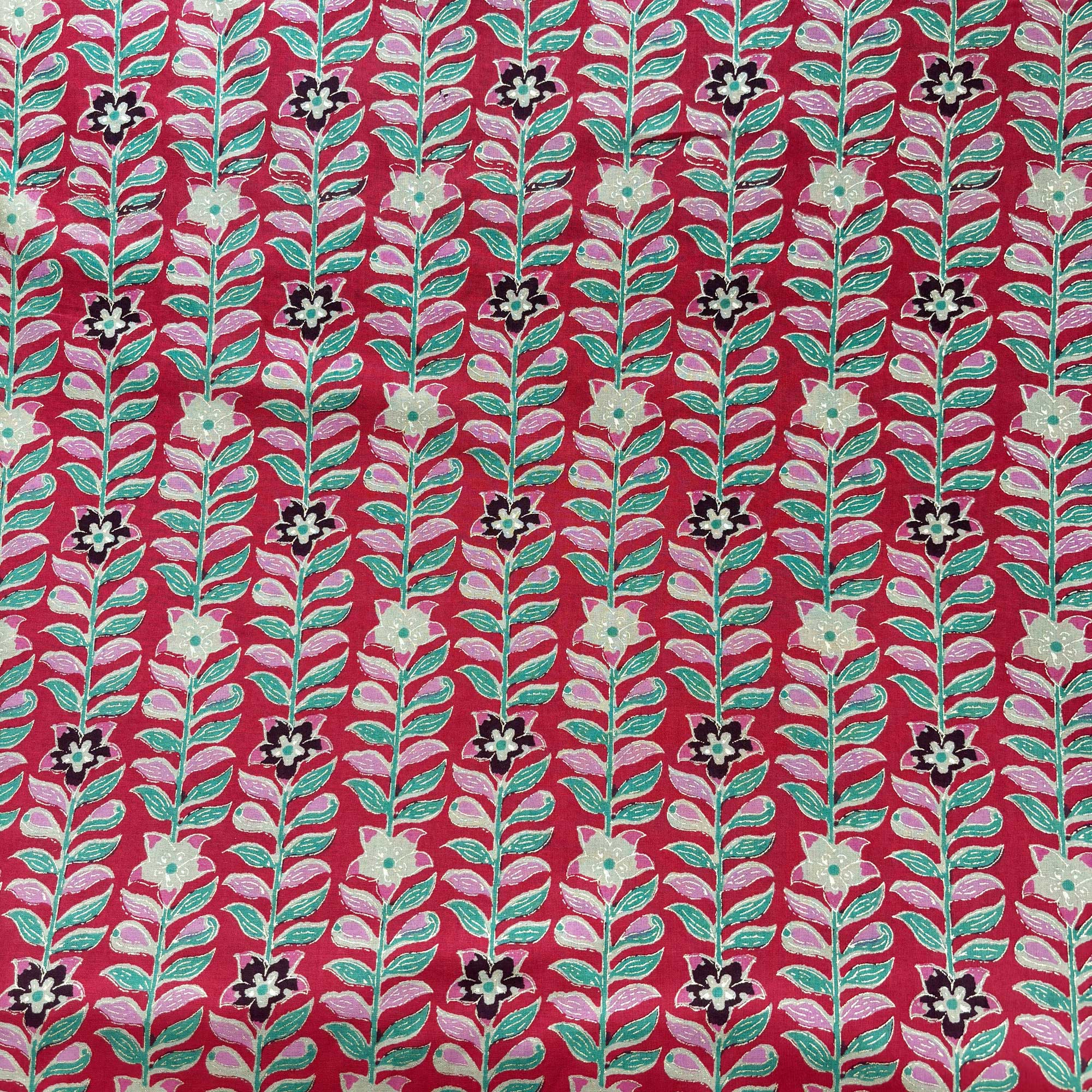 Red Floral Foil Print Cotton Fabric PB-23781