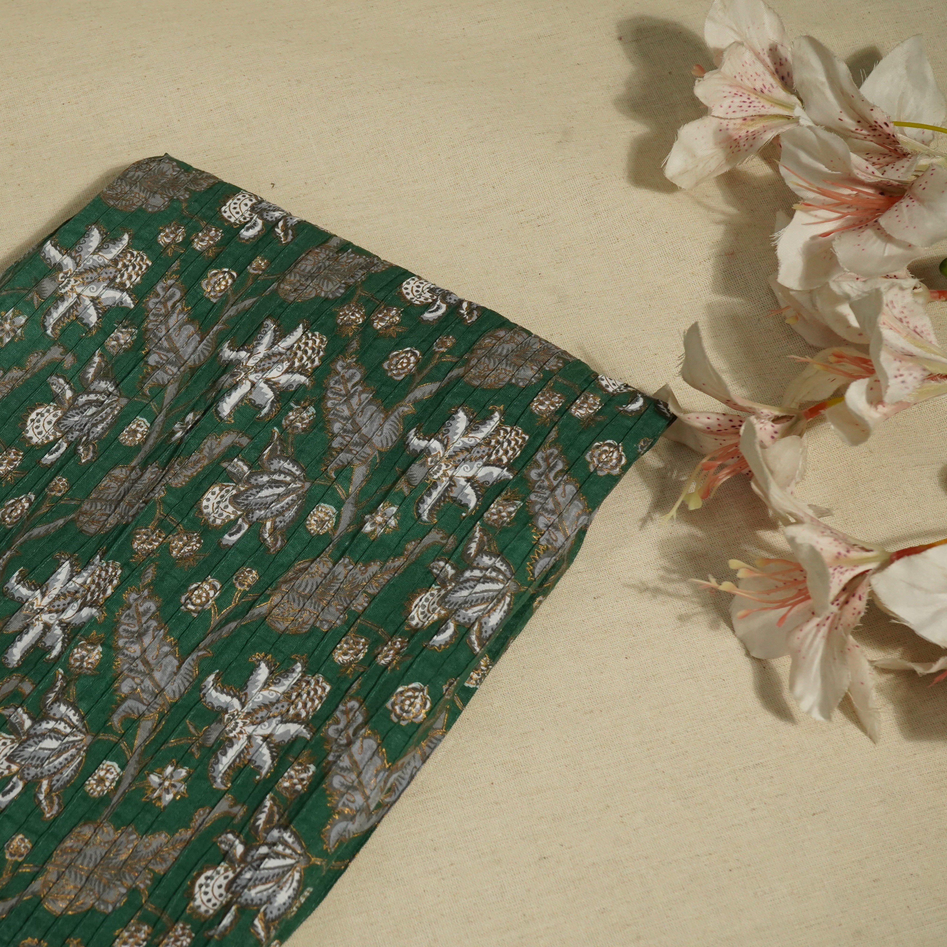 Dark Green Floral Pintuck Cotton Fabric PB-23803