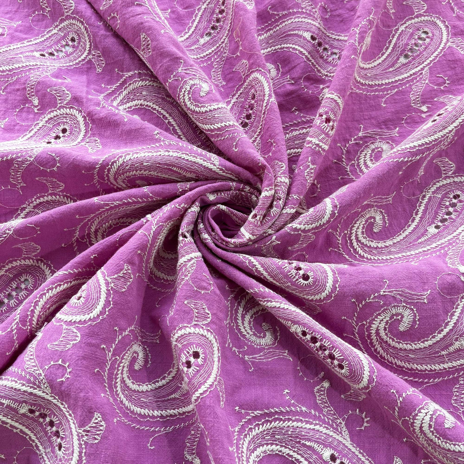 Purple Paisley Schiffli Embroidery Cotton Linen Fabric DVT-23808