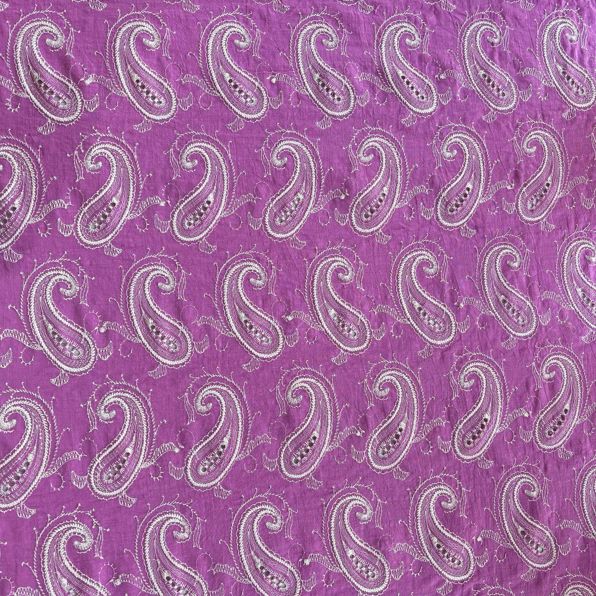 Purple Paisley Schiffli Embroidery Cotton Linen Fabric DVT-23808