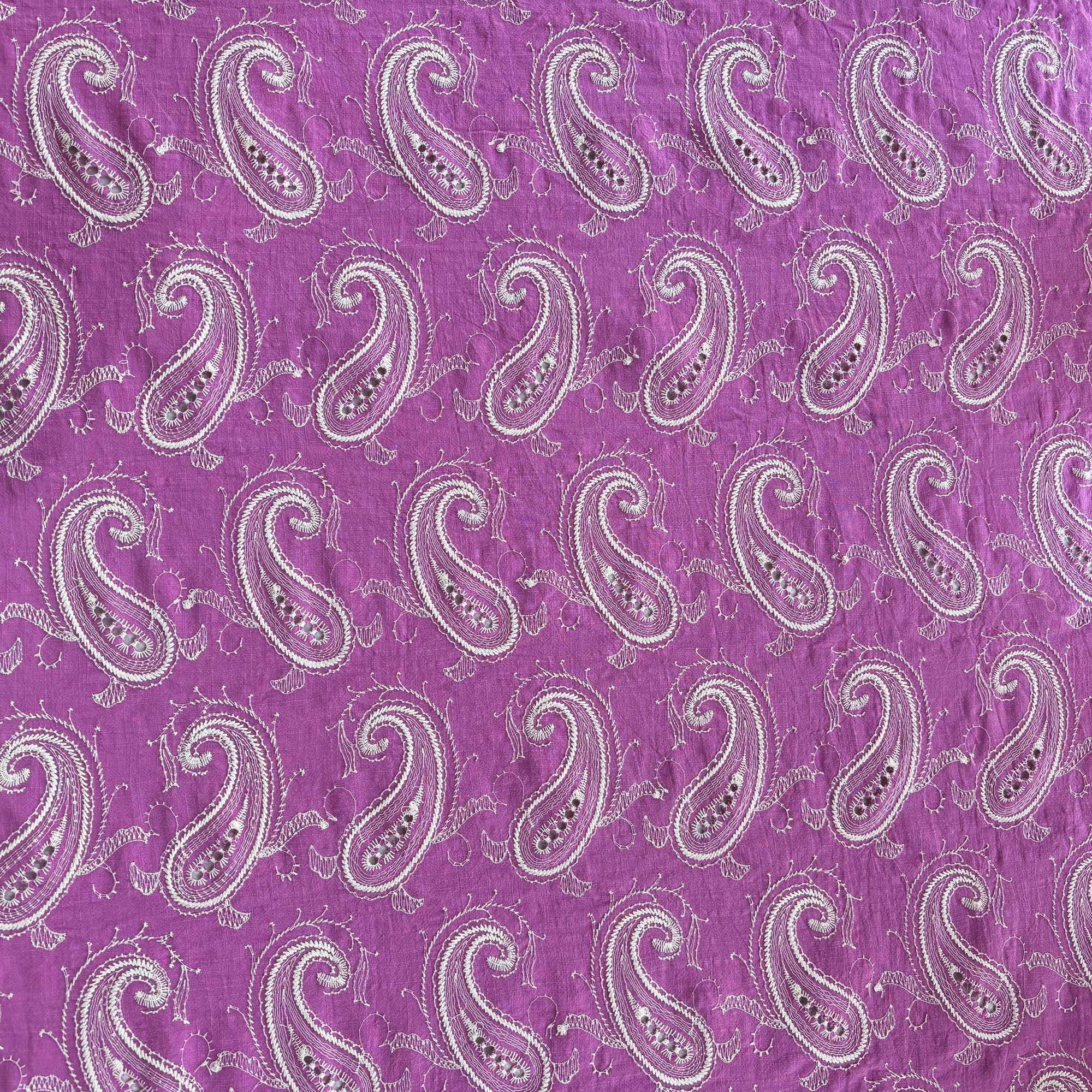 Purple Paisley Schiffli Embroidery Cotton Linen Fabric DVT-23808