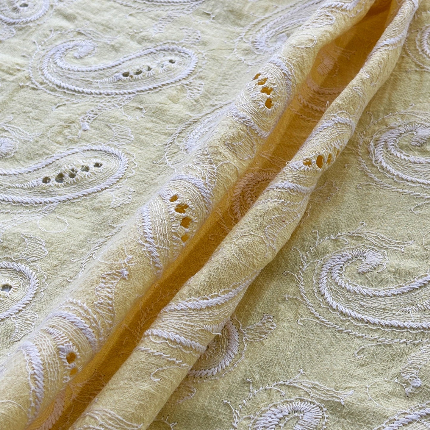 Yellow Paisley Schiffli Embroidery Cotton Linen Fabric DVT-23809