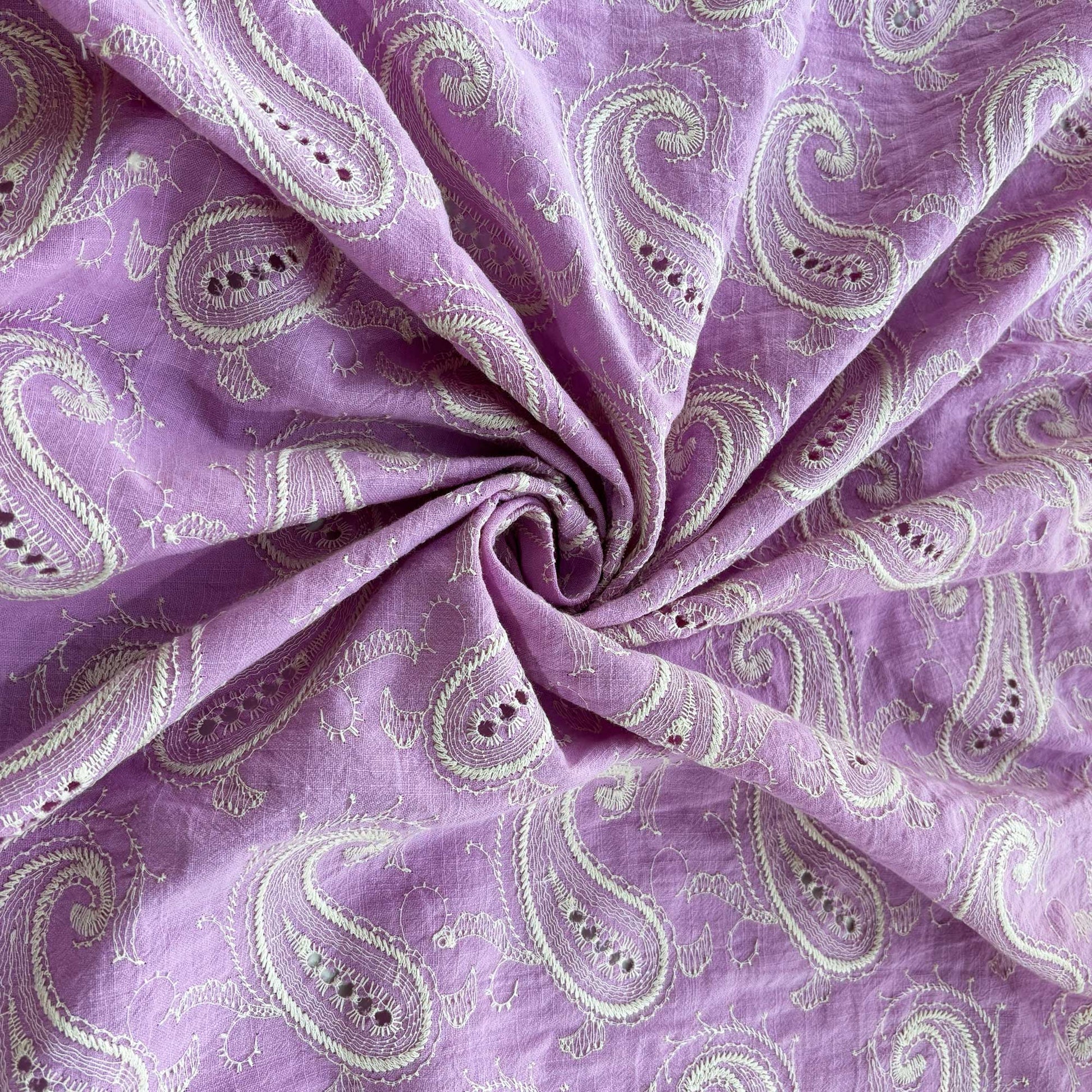 Lilac Paisley Schiffli Embroidery Cotton Linen Fabric DVT-23810