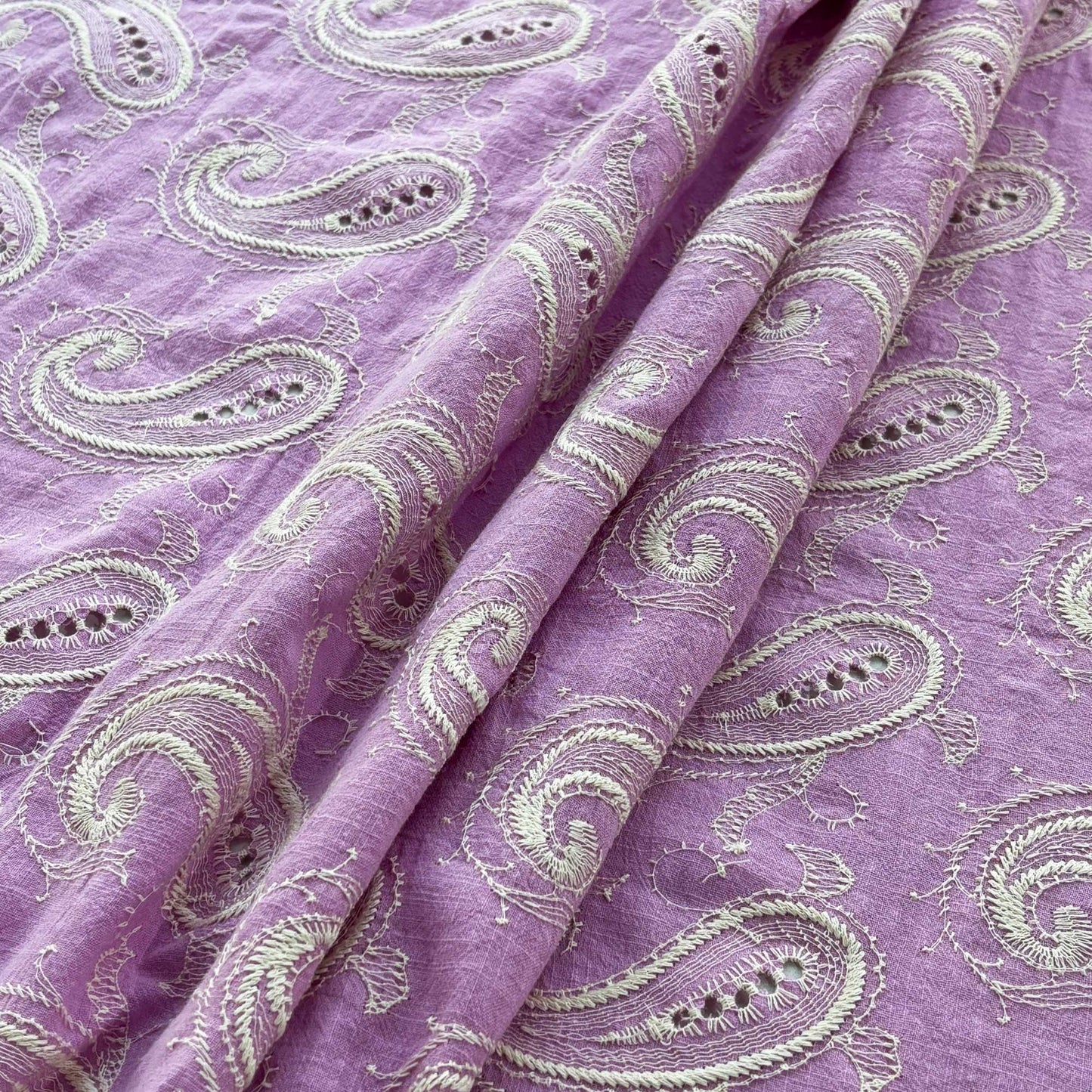 Lilac Paisley Schiffli Embroidery Cotton Linen Fabric DVT-23810
