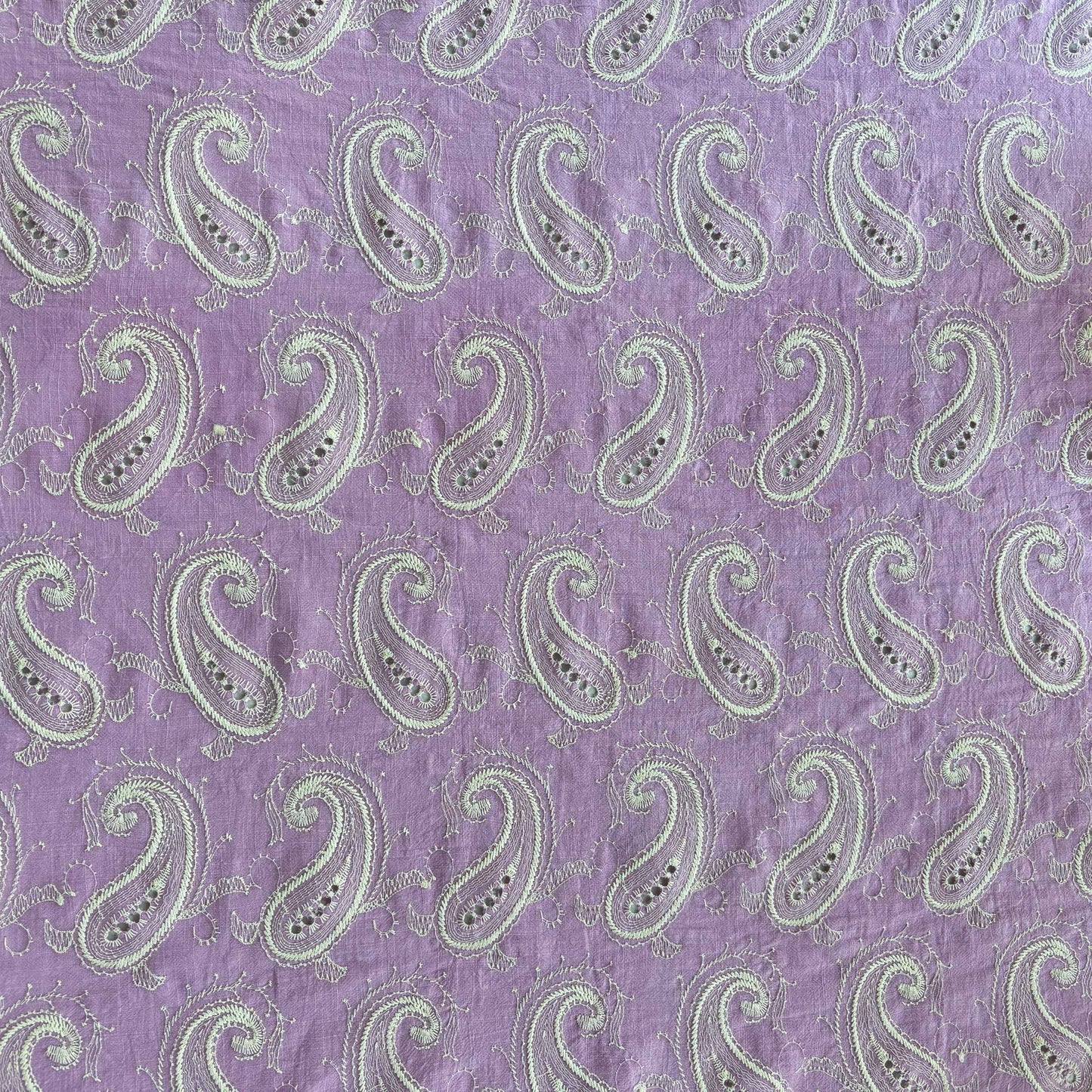 Lilac Paisley Schiffli Embroidery Cotton Linen Fabric DVT-23810
