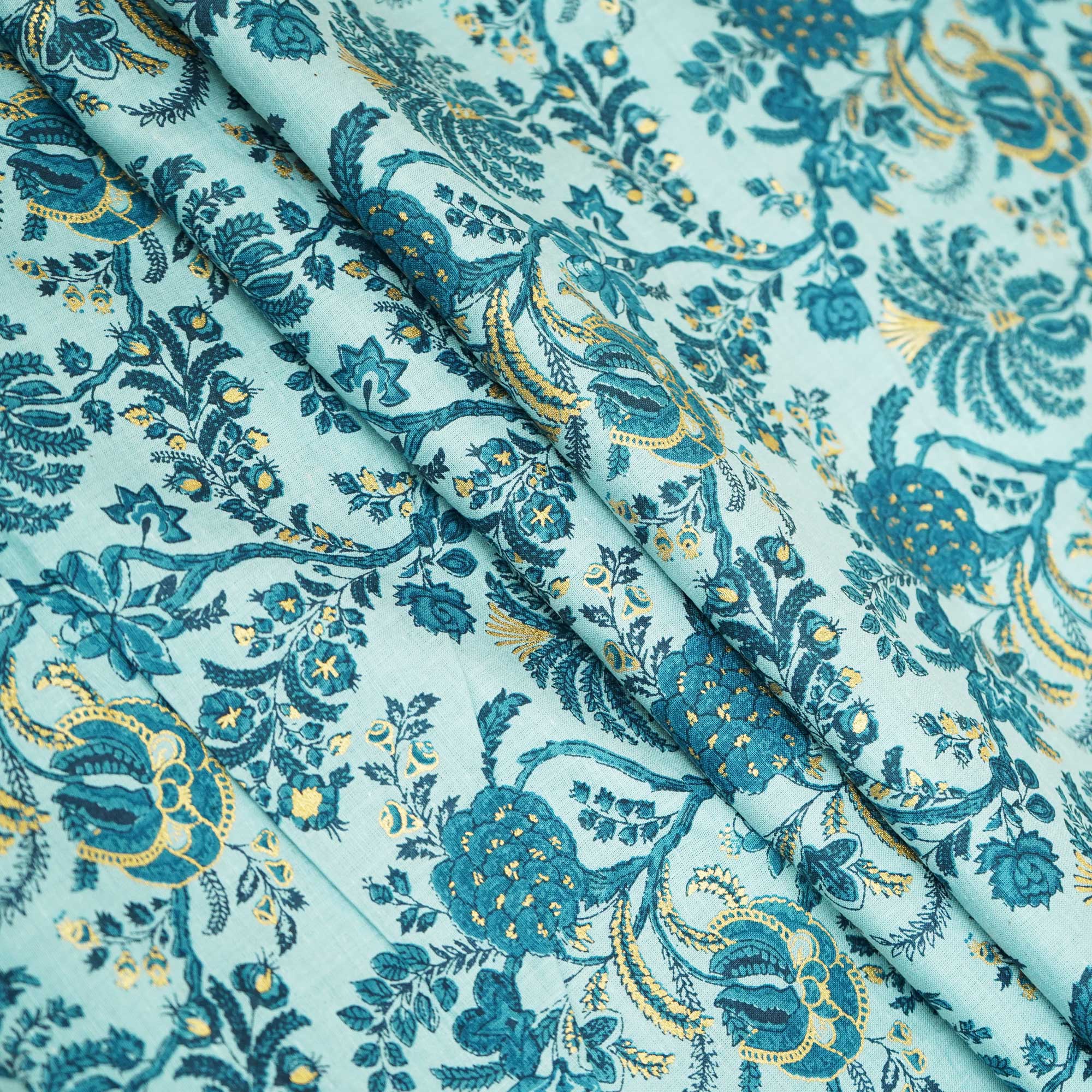Sky Blue Floral Foil Print Cotton Fabric SCF-23859