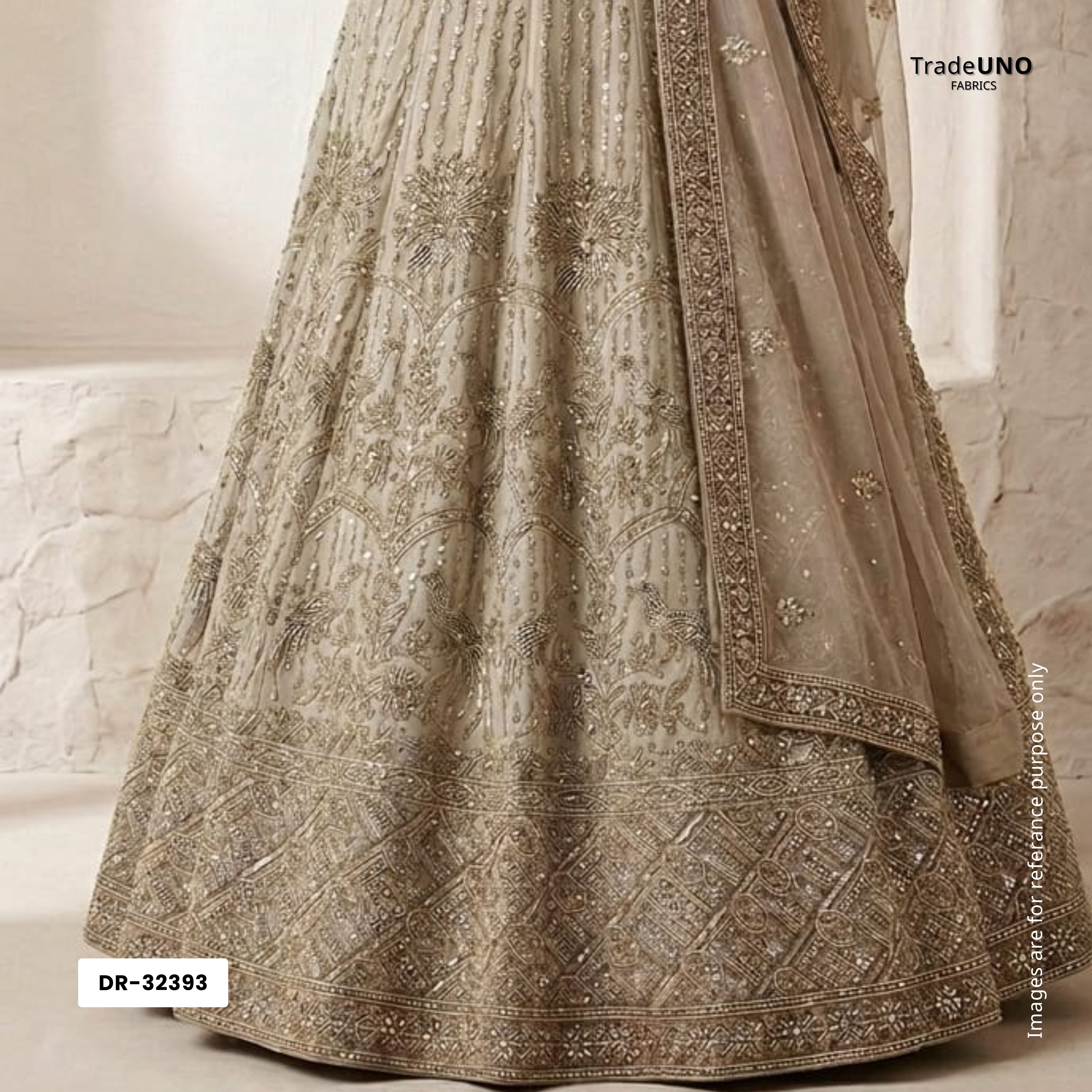 Off White Mughal Bird & Floral Jaal Embroidery Georgette Fabric DR-32393 - TradeUNO