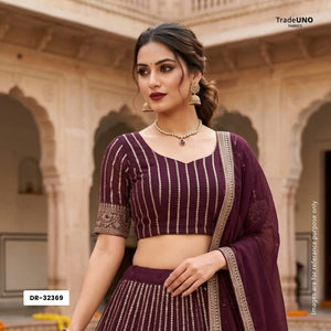 Wine Zari Stripes With Sequins Embroidery Georgette Fabric DR-32369 - TradeUNO