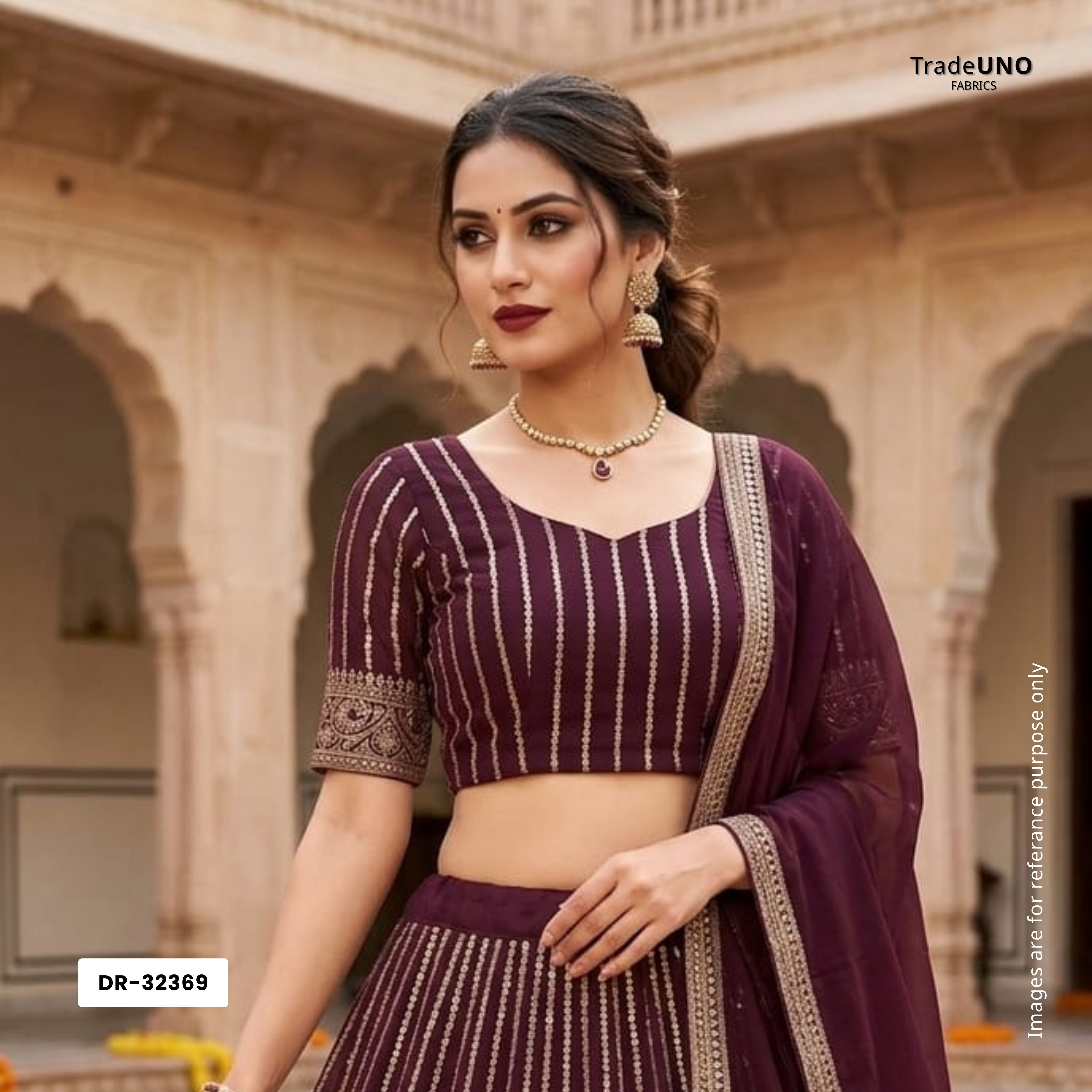 Wine Zari Stripes With Sequins Embroidery Georgette Fabric DR-32369 - TradeUNO