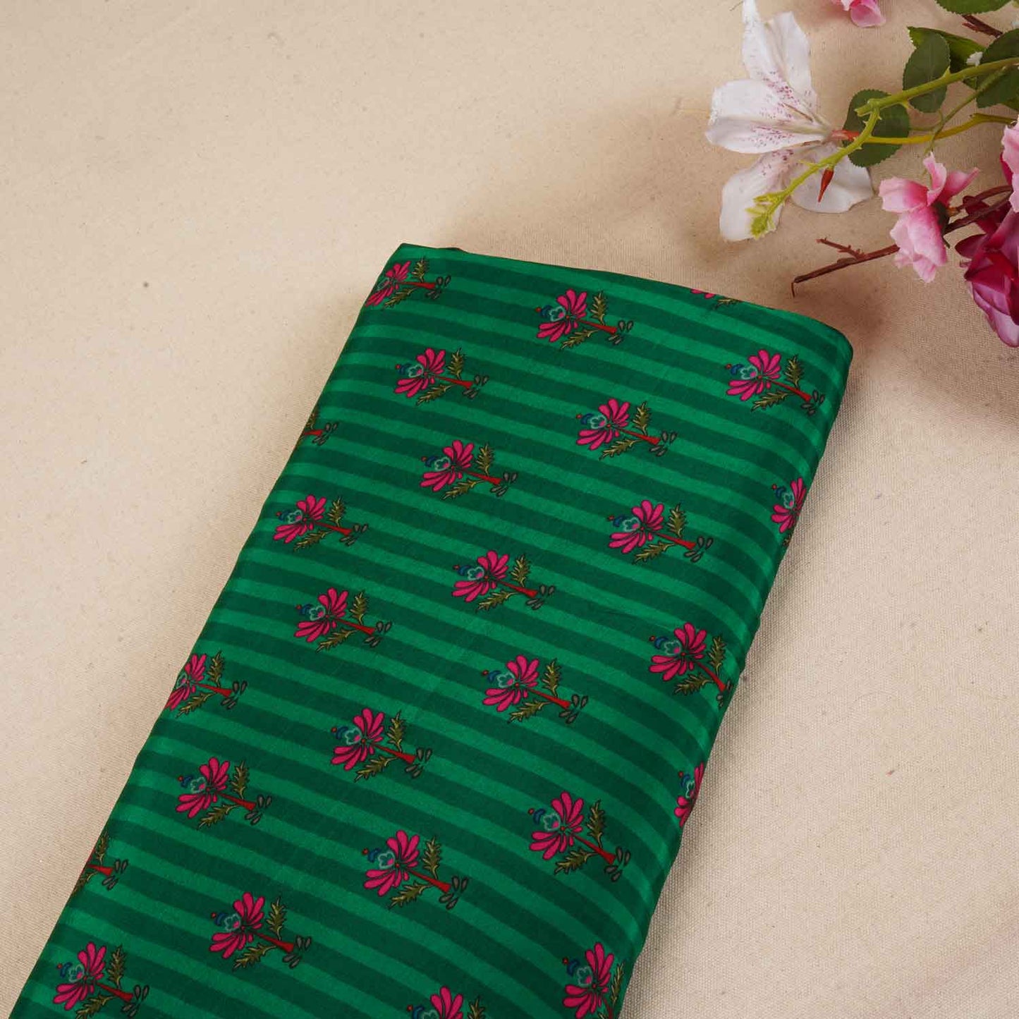 Green Strips Floral Print Crepe Fabric MT-28241