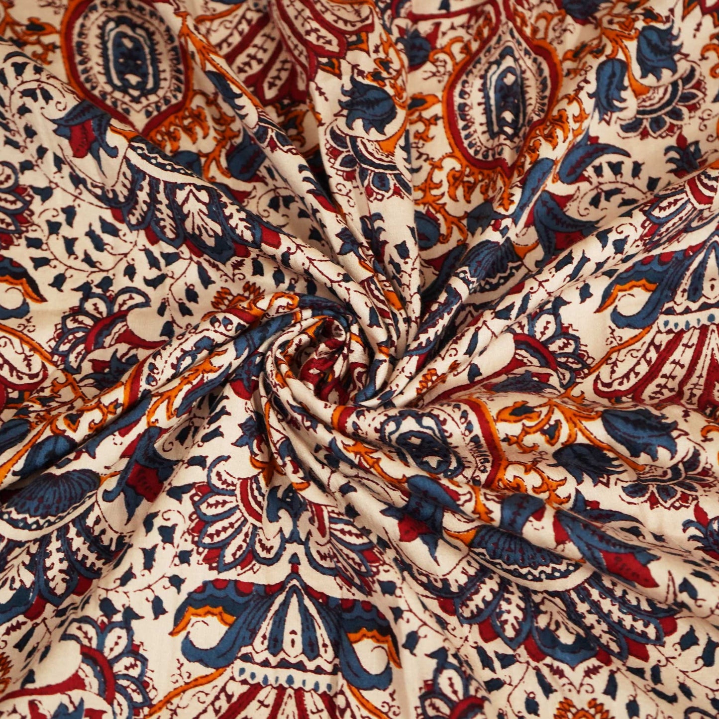 Beige & Blue Bagru Print Cotton Satin Fabric SCF-24192