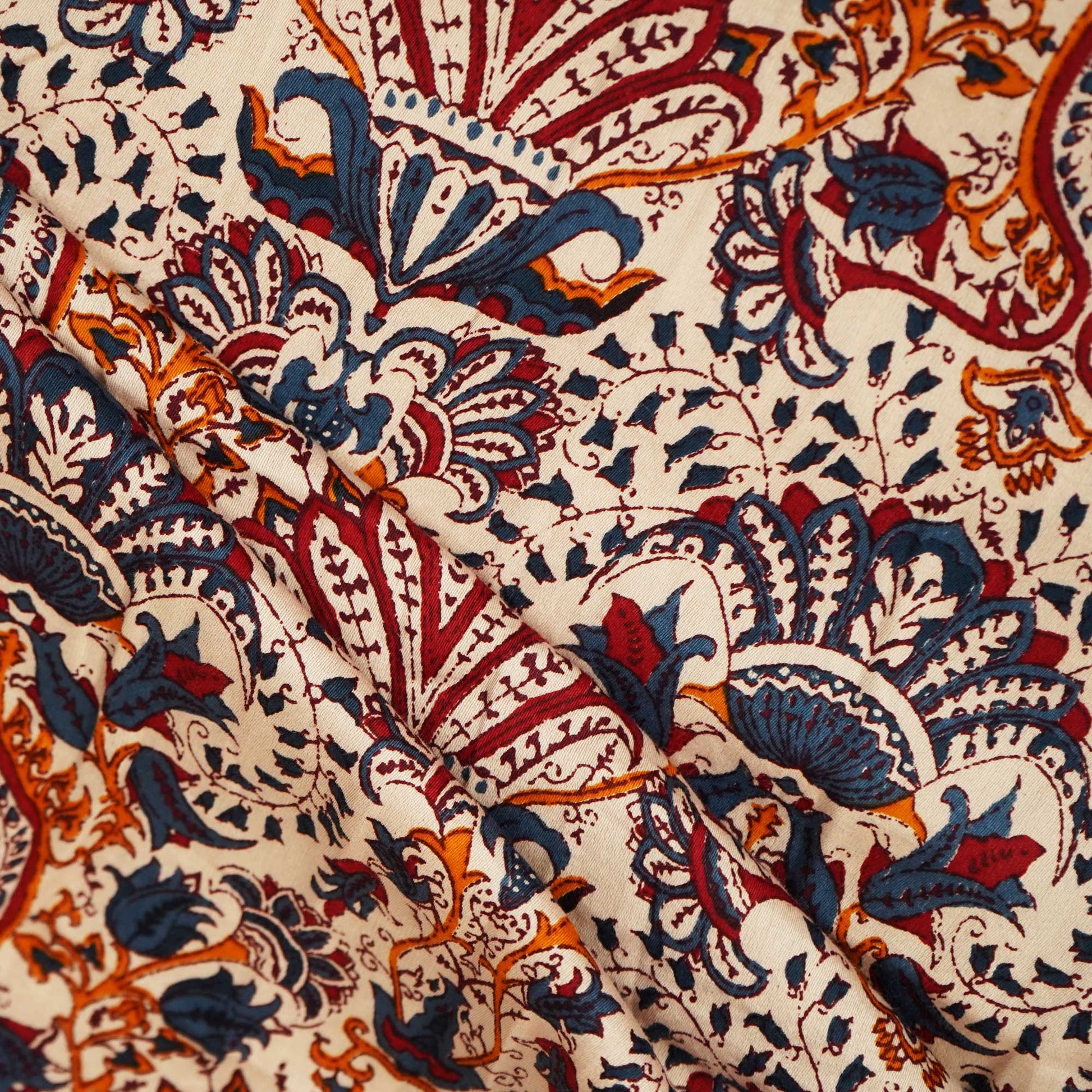 Beige & Blue Bagru Print Cotton Satin Fabric SCF-24192