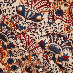 Beige & Blue Bagru Print Cotton Satin Fabric SCF-24192