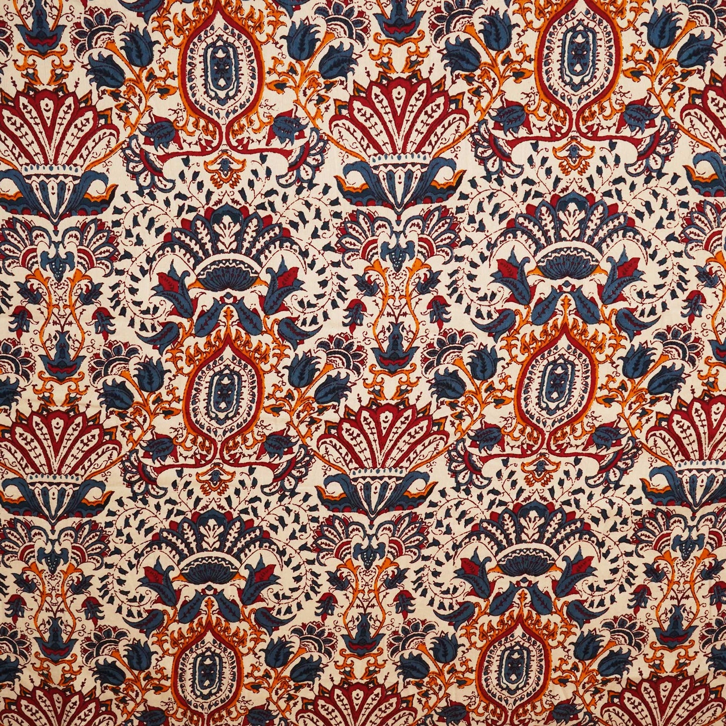 Beige & Blue Bagru Print Cotton Satin Fabric SCF-24192