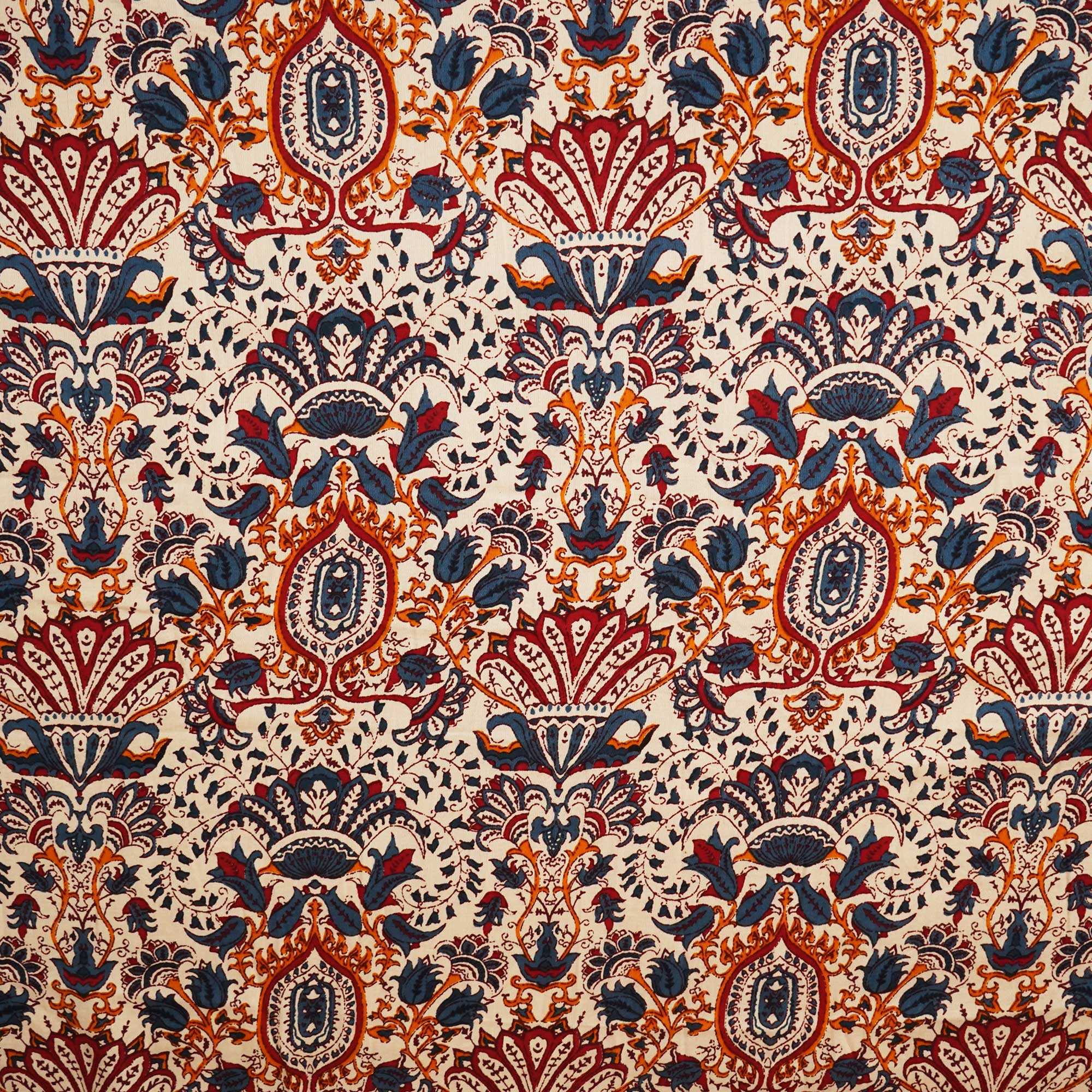 Beige & Blue Bagru Print Cotton Satin Fabric SCF-24192