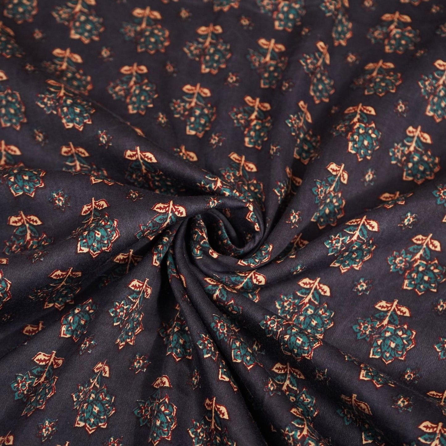 Navy Blue Floral Bagru Print Cotton Satin Fabric SCF-24194