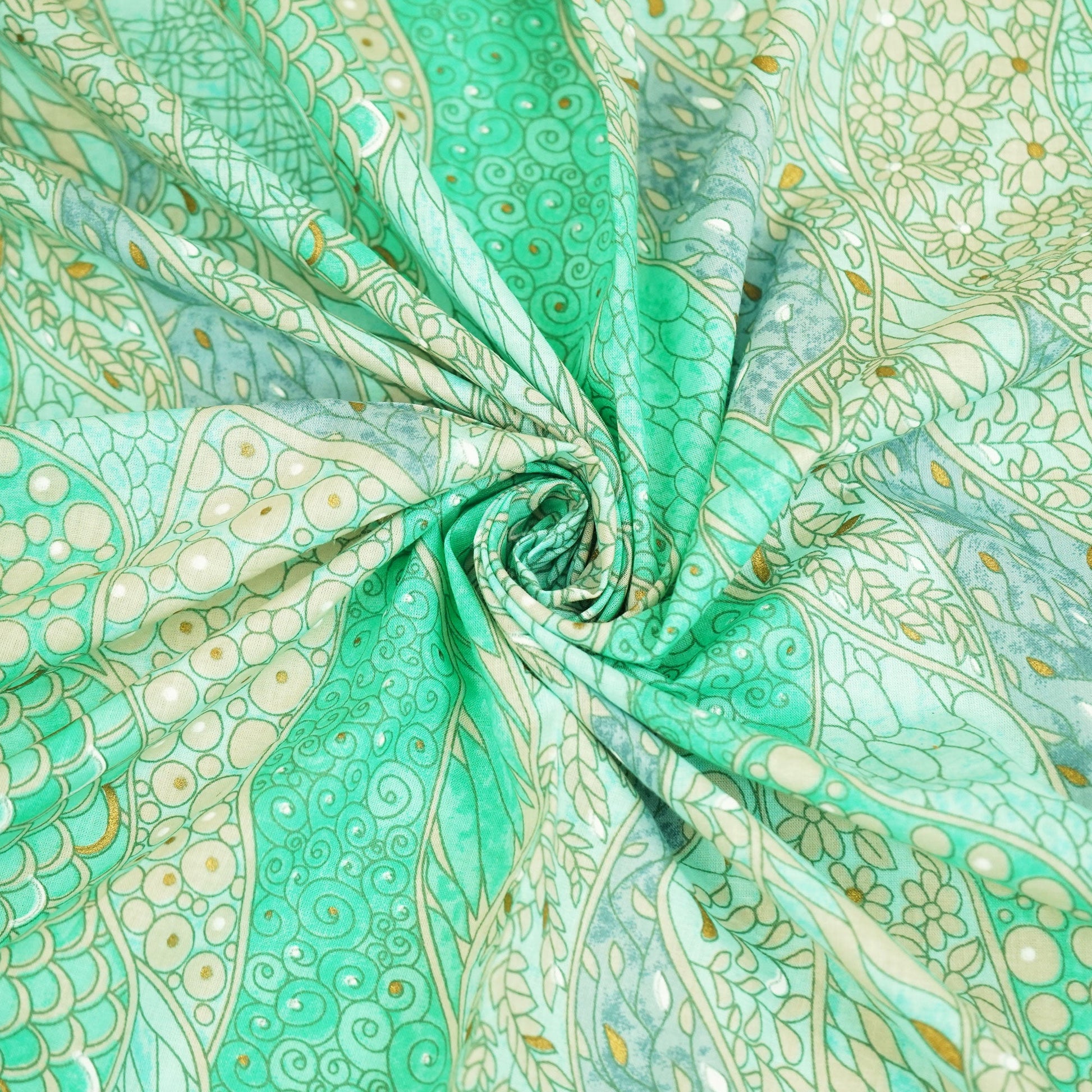 Green Floral Foil Print Cotton Fabric HP-24252