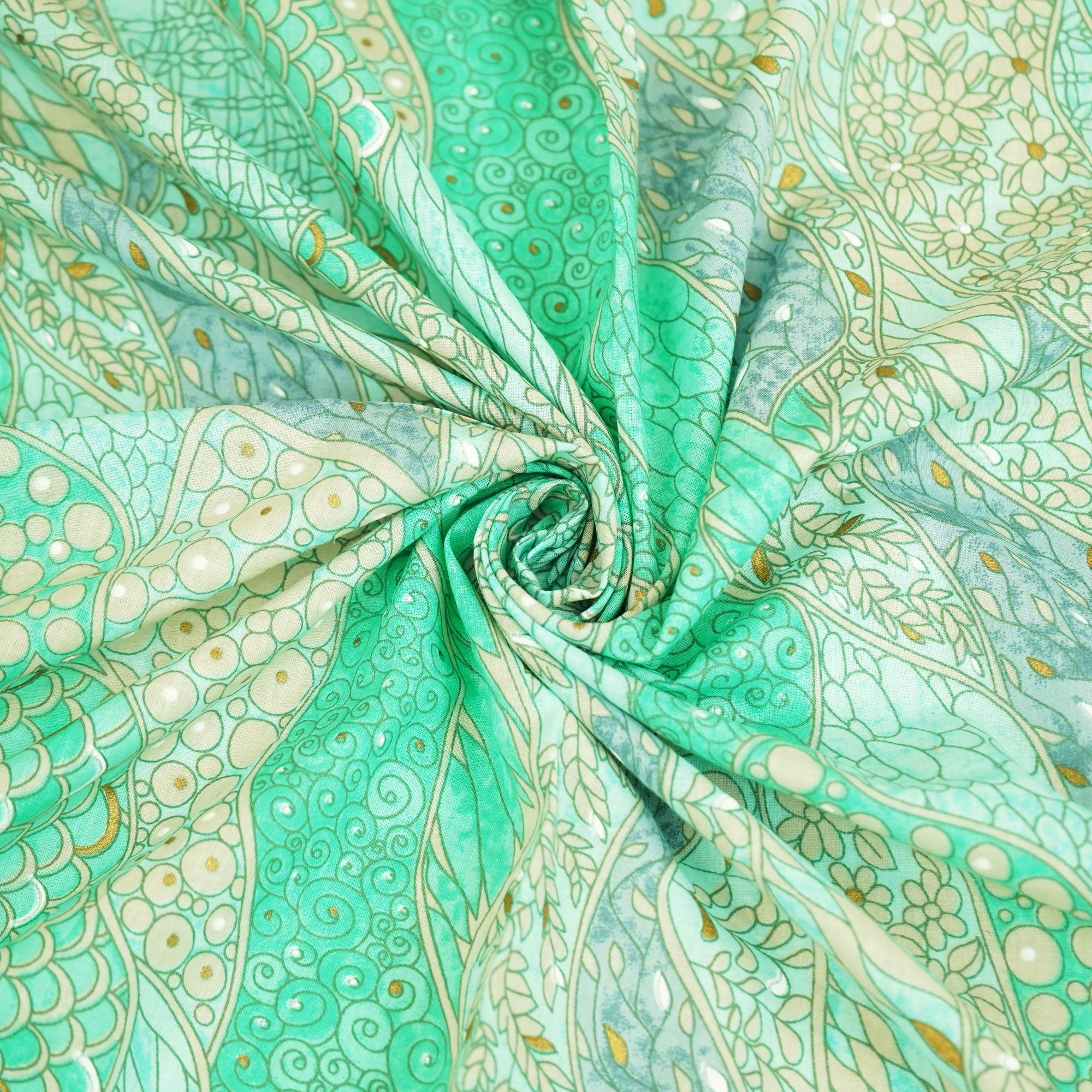 Green Floral Foil Print Cotton Fabric HP-24252