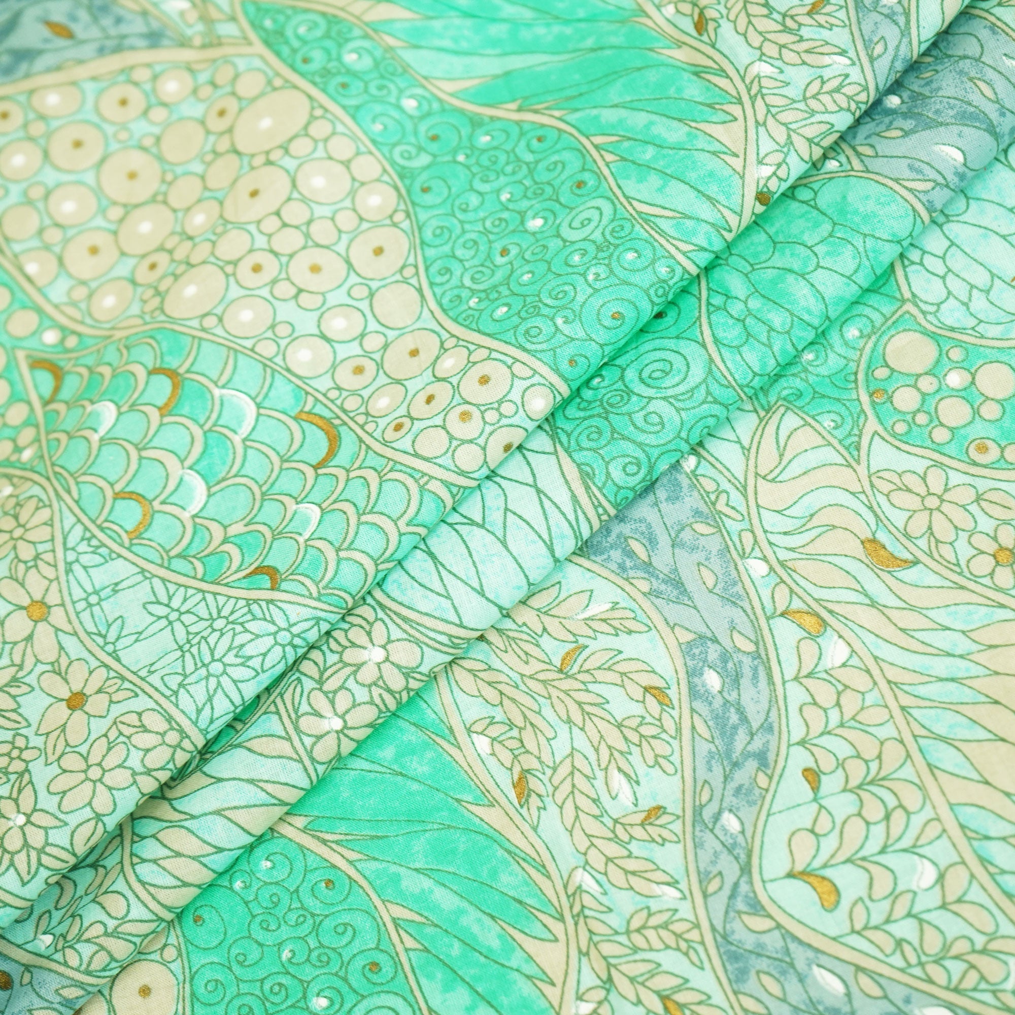 Green Floral Foil Print Cotton Fabric HP-24252