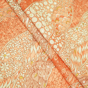 Orange Floral Foil Print Cotton Fabric HP-24254