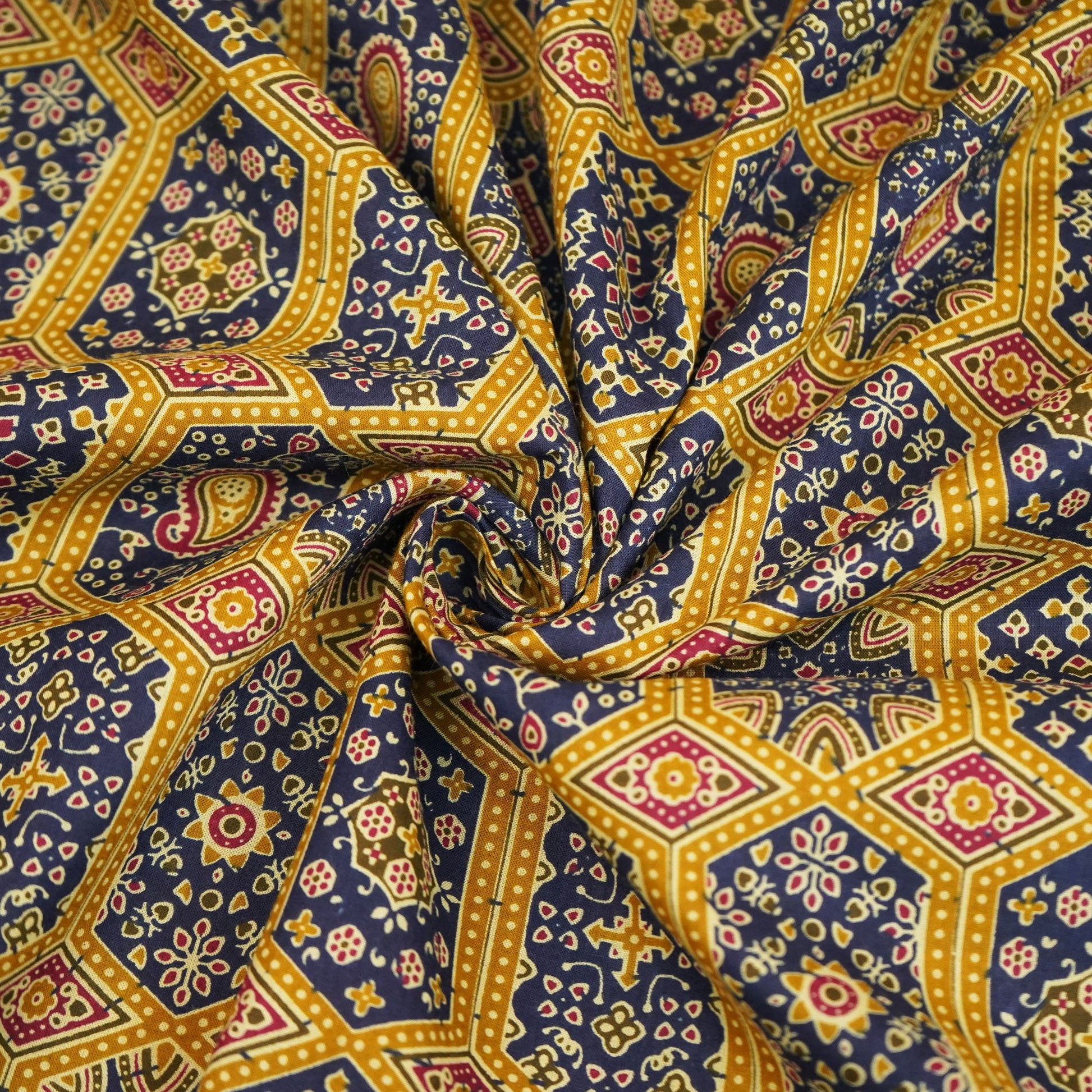 Navy Blue Ajrakh Print Cotton Fabric HP-24265