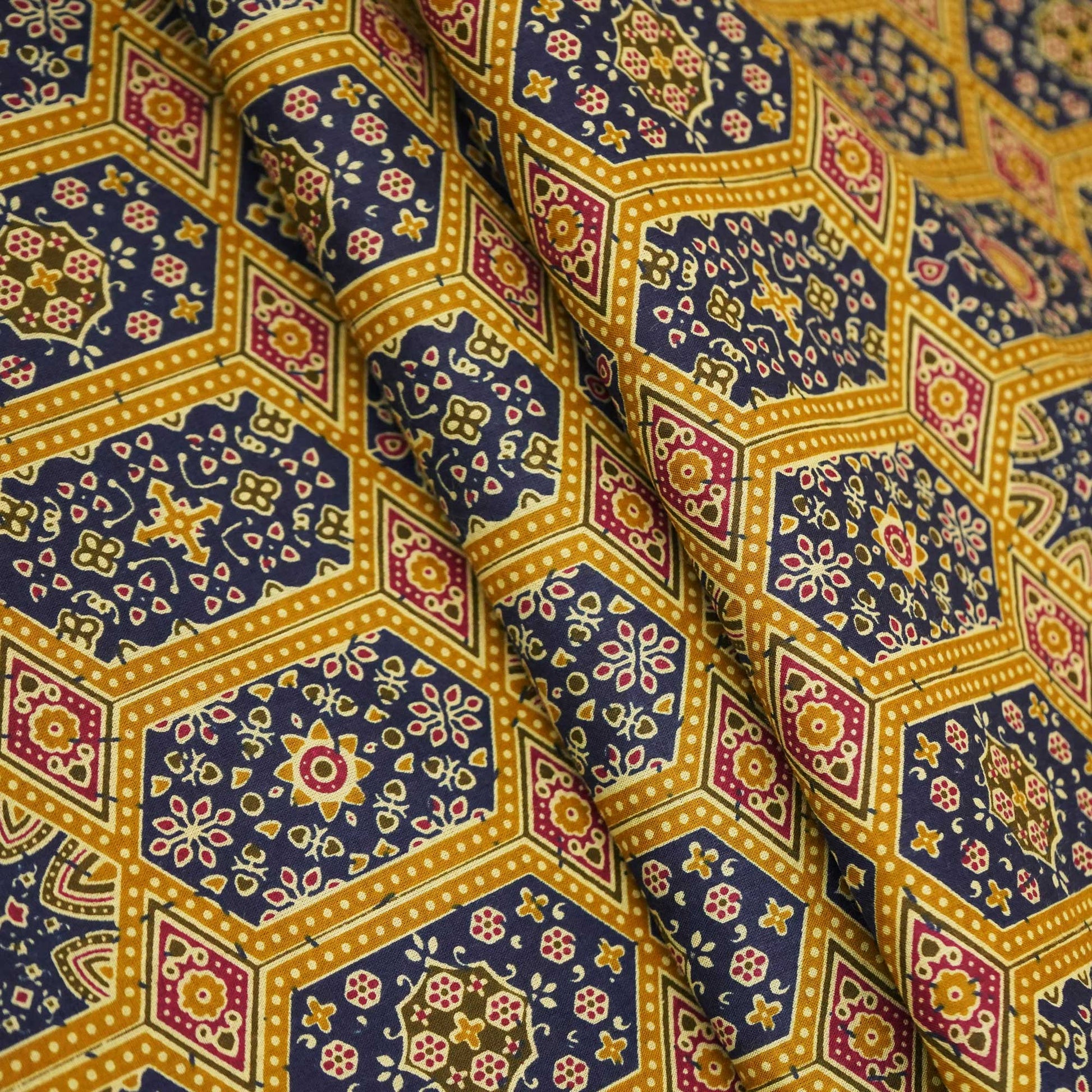 Navy Blue Ajrakh Print Cotton Fabric HP-24265