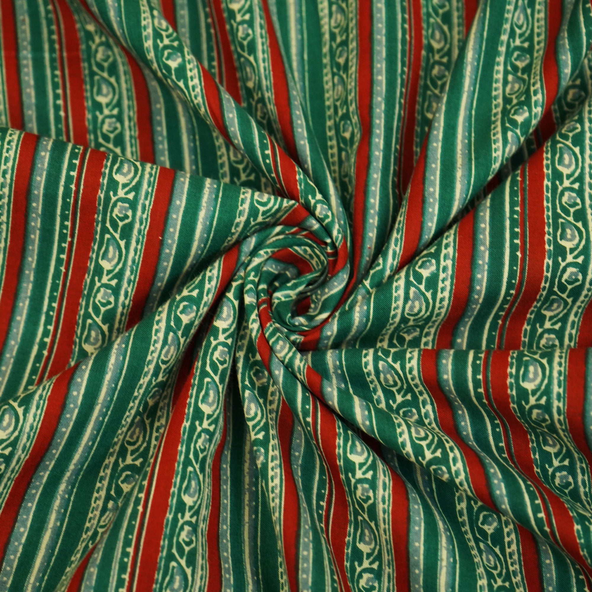 Dark Green Stripes Print Cotton Fabric HP-24269