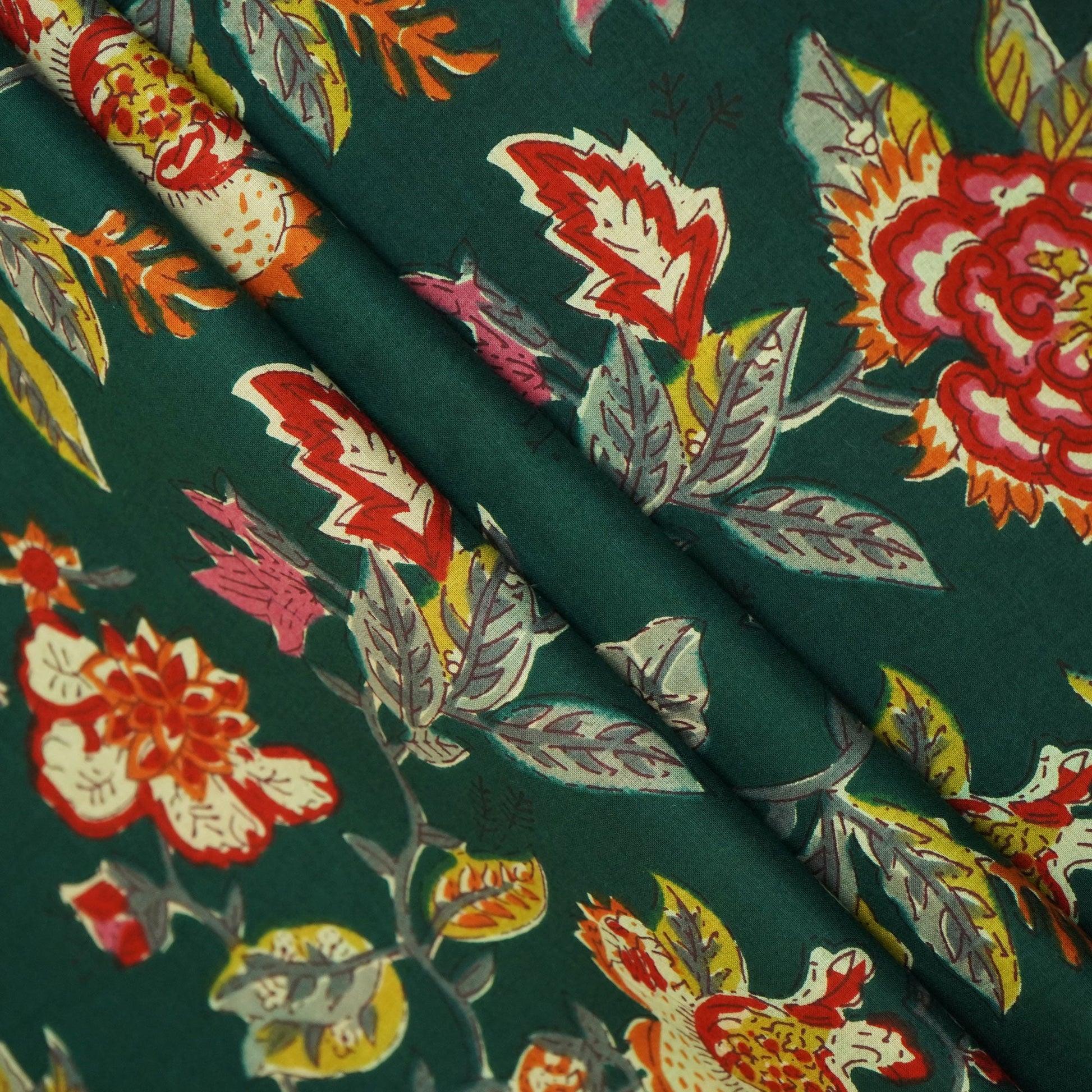 Dark Green Floral Handblock Print Cotton Fabric HP-24272