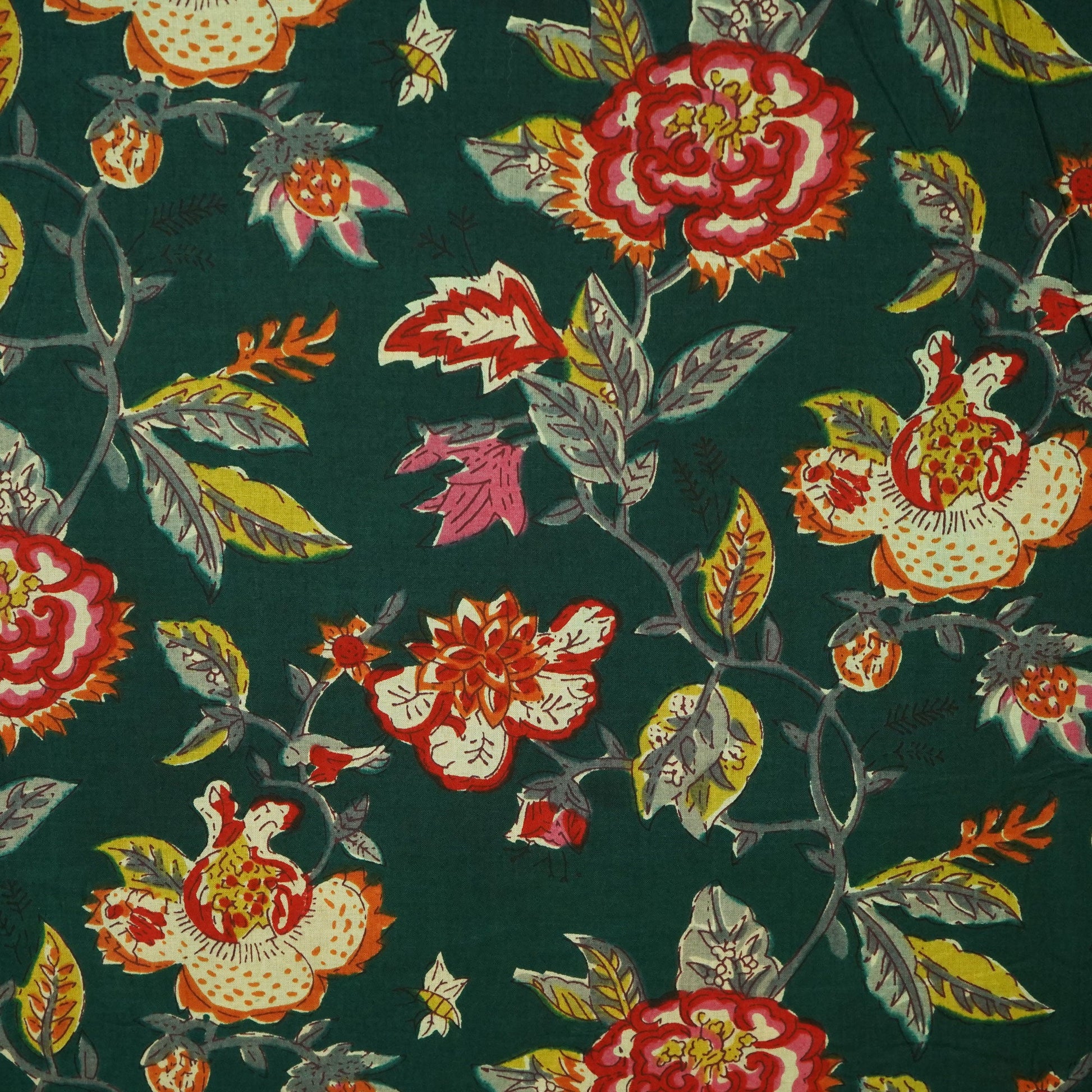 Dark Green Floral Handblock Print Cotton Fabric HP-24272