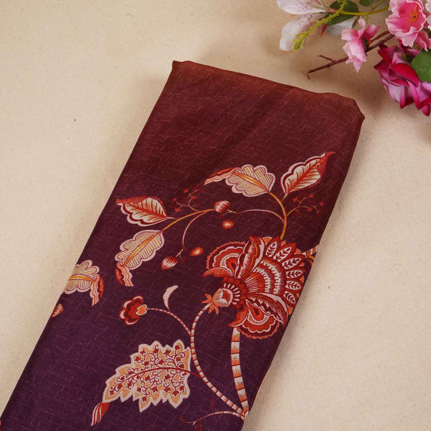 Wine & Olive Green Shaded Floral Print Organza Fabric MT-28243