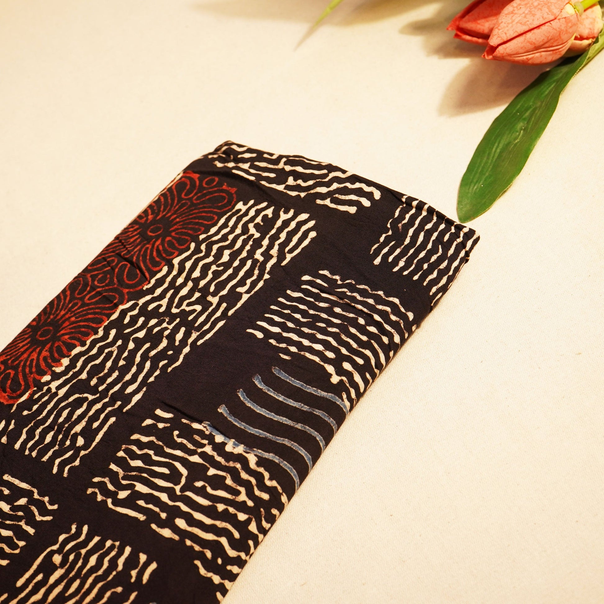 Black Abstract Ajrakh Print Modal Satin Fabric ASK-24312