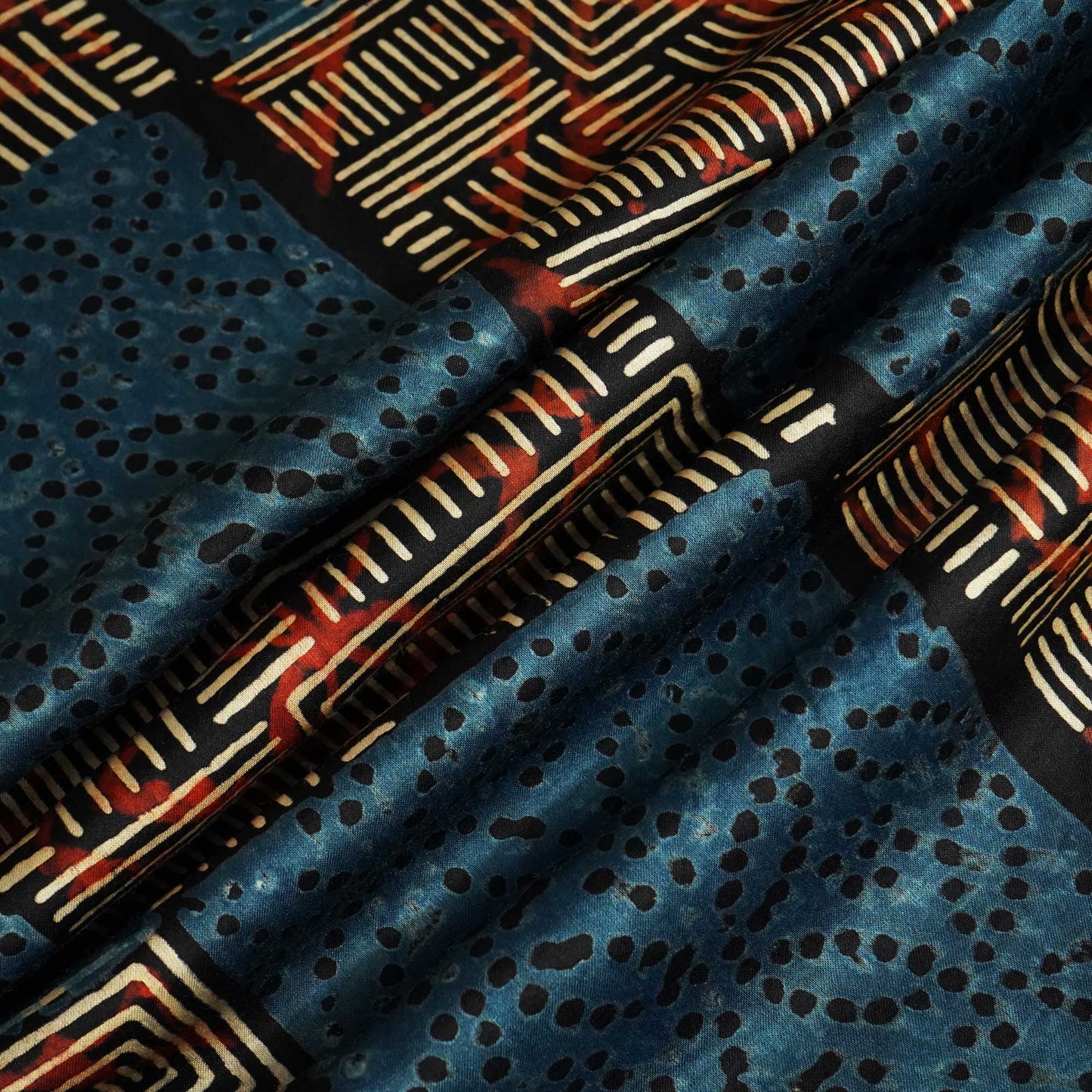 Blue Abstract Ajrakh Print Modal Satin Fabric ASK-24313