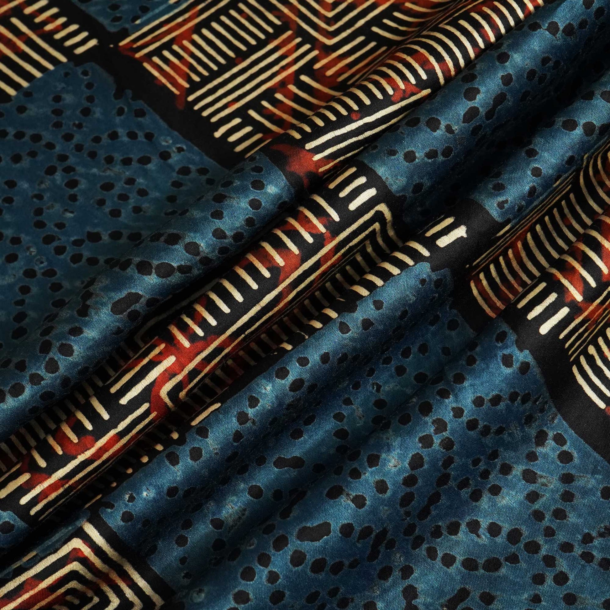 Blue Abstract Ajrakh Print Modal Satin Fabric ASK-24313