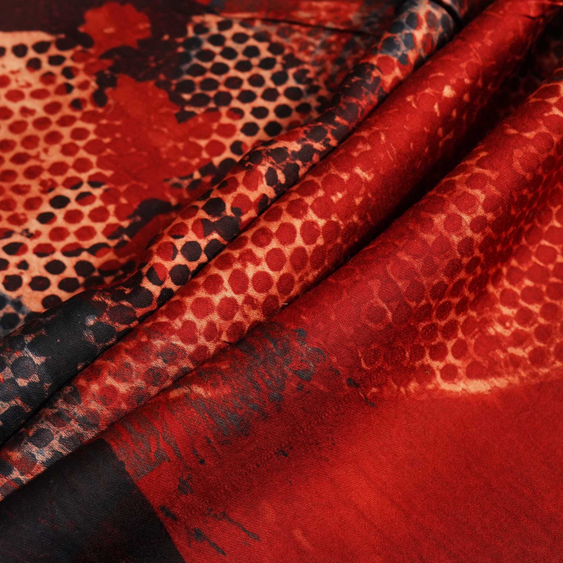 Red Abstract Ajrakh Print Modal Satin Fabric ASK-24318