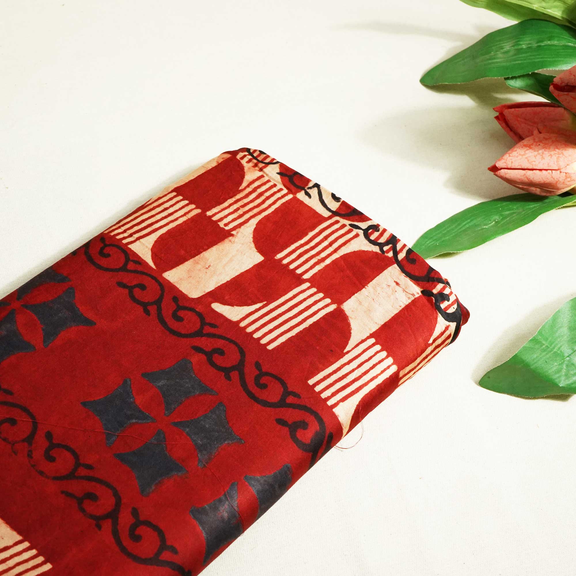 Red Abstract Ajrakh Print Modal Satin Fabric ASK-24319