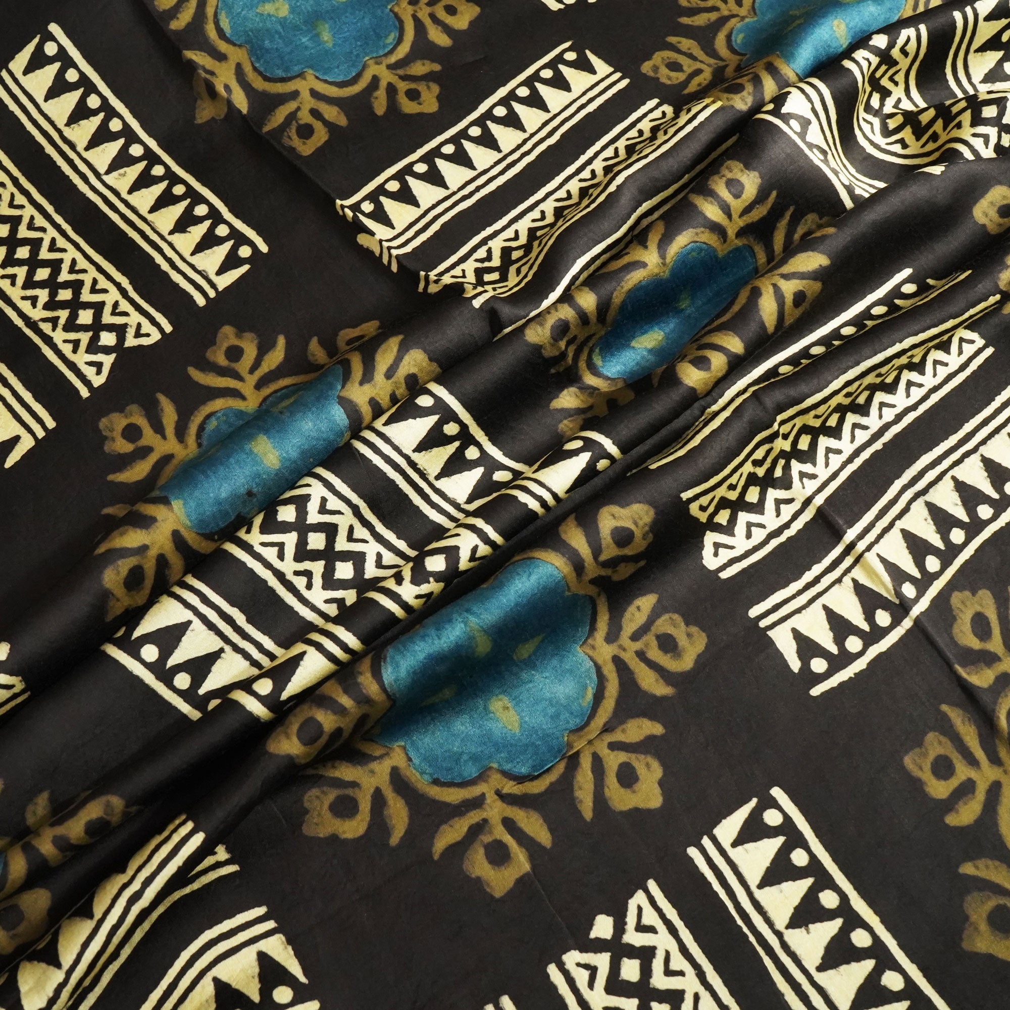 Black & Cream Abstract Ajrakh Print Modal Satin Fabric ASK-24328