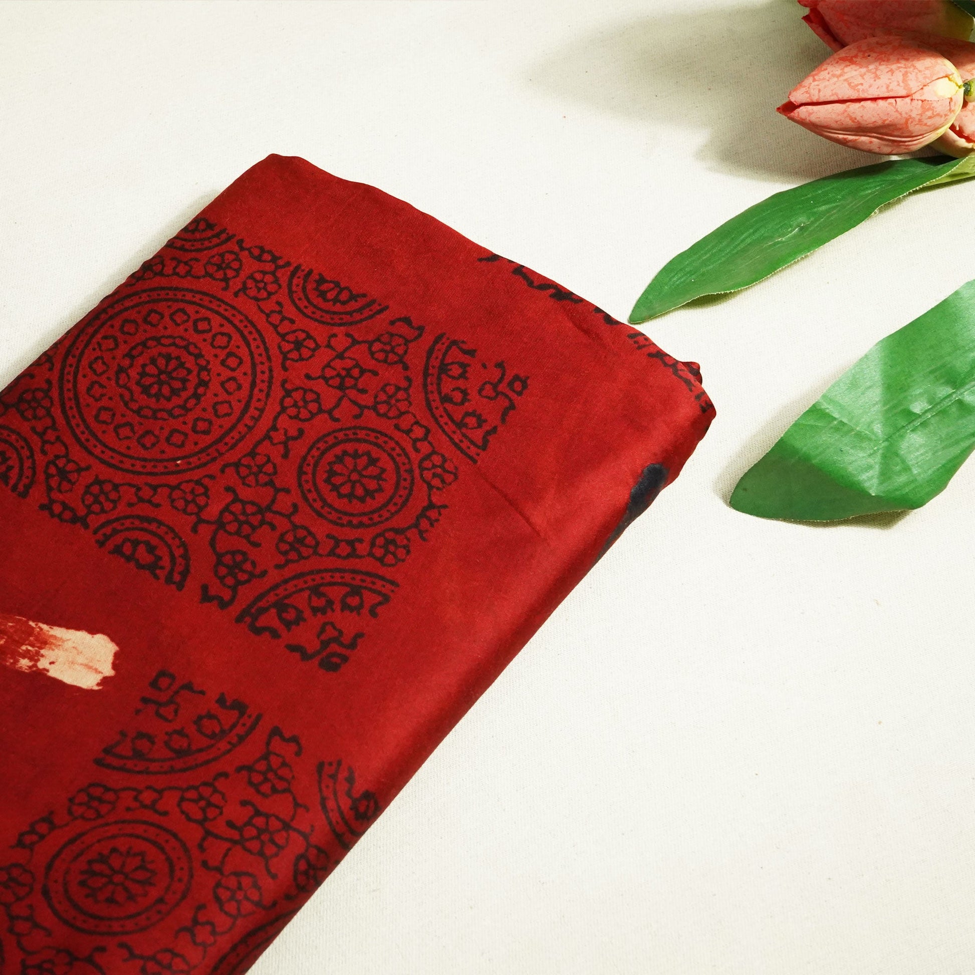 Red Abstract Ajrakh Print Modal Satin Fabric ASK-24329