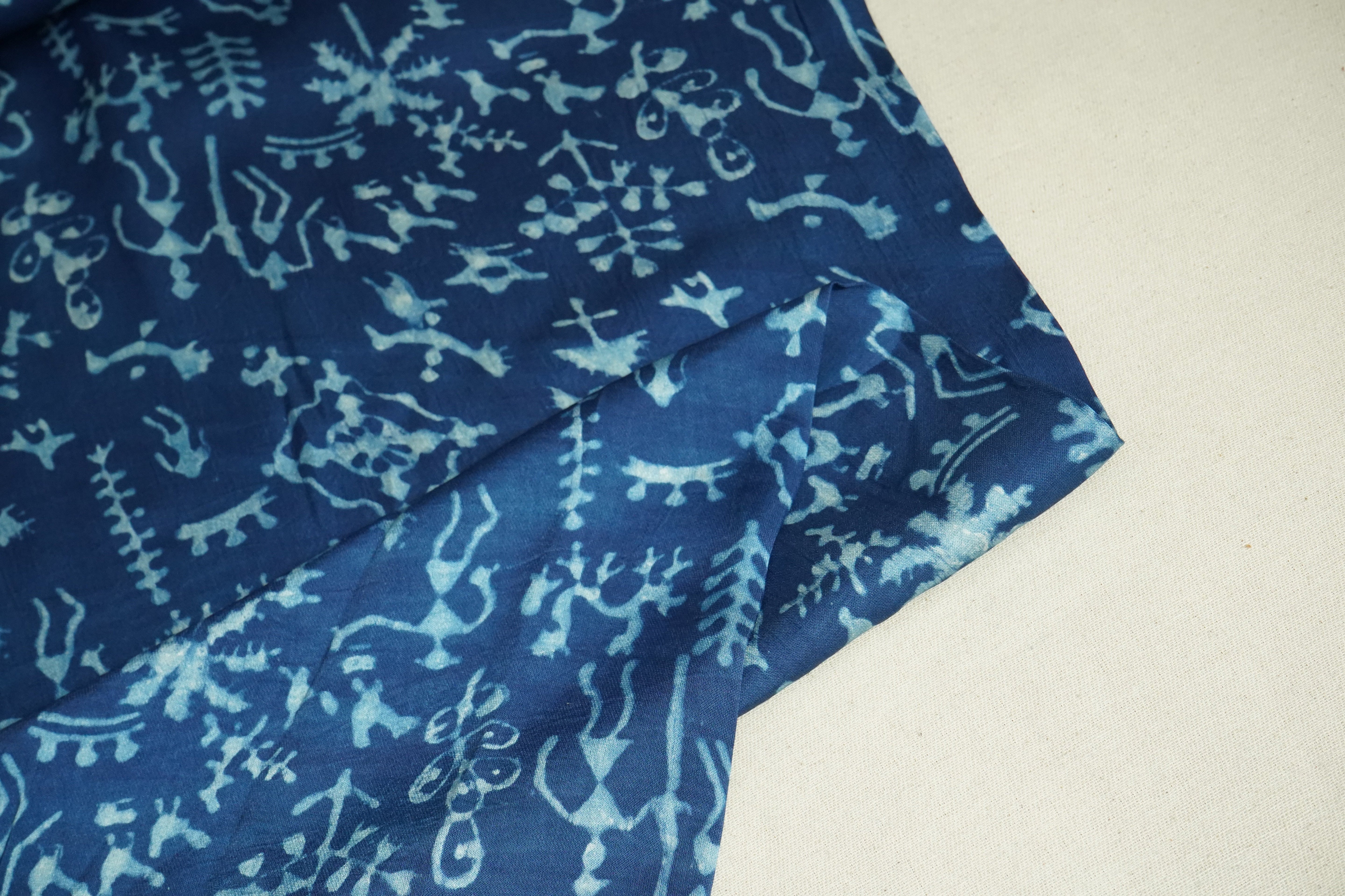 Blue Abstract Ajrakh Print Modal Satin Fabric ASK-24345