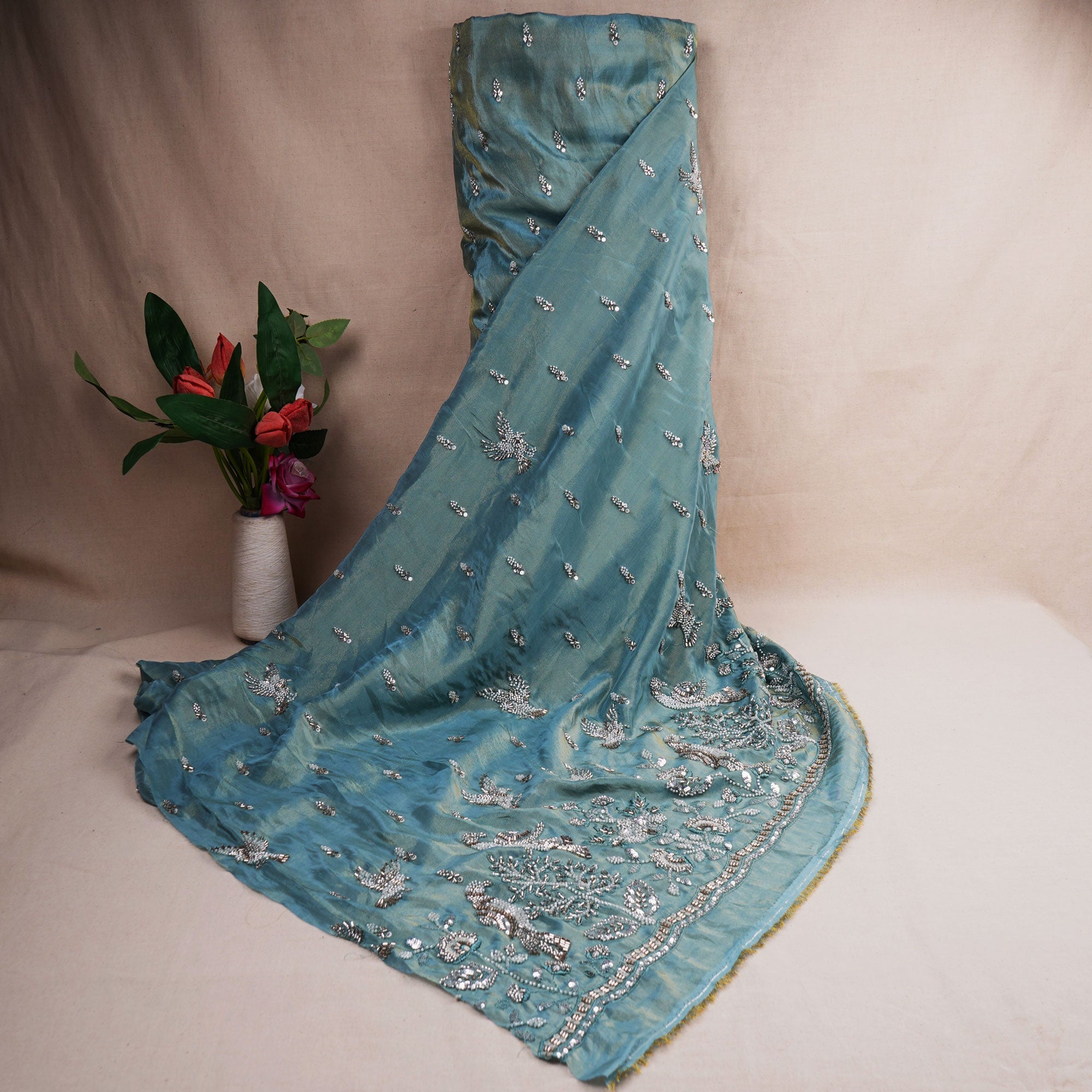 Blue Cutdana Sequins Embroidery Tissue Fabric WI-24375