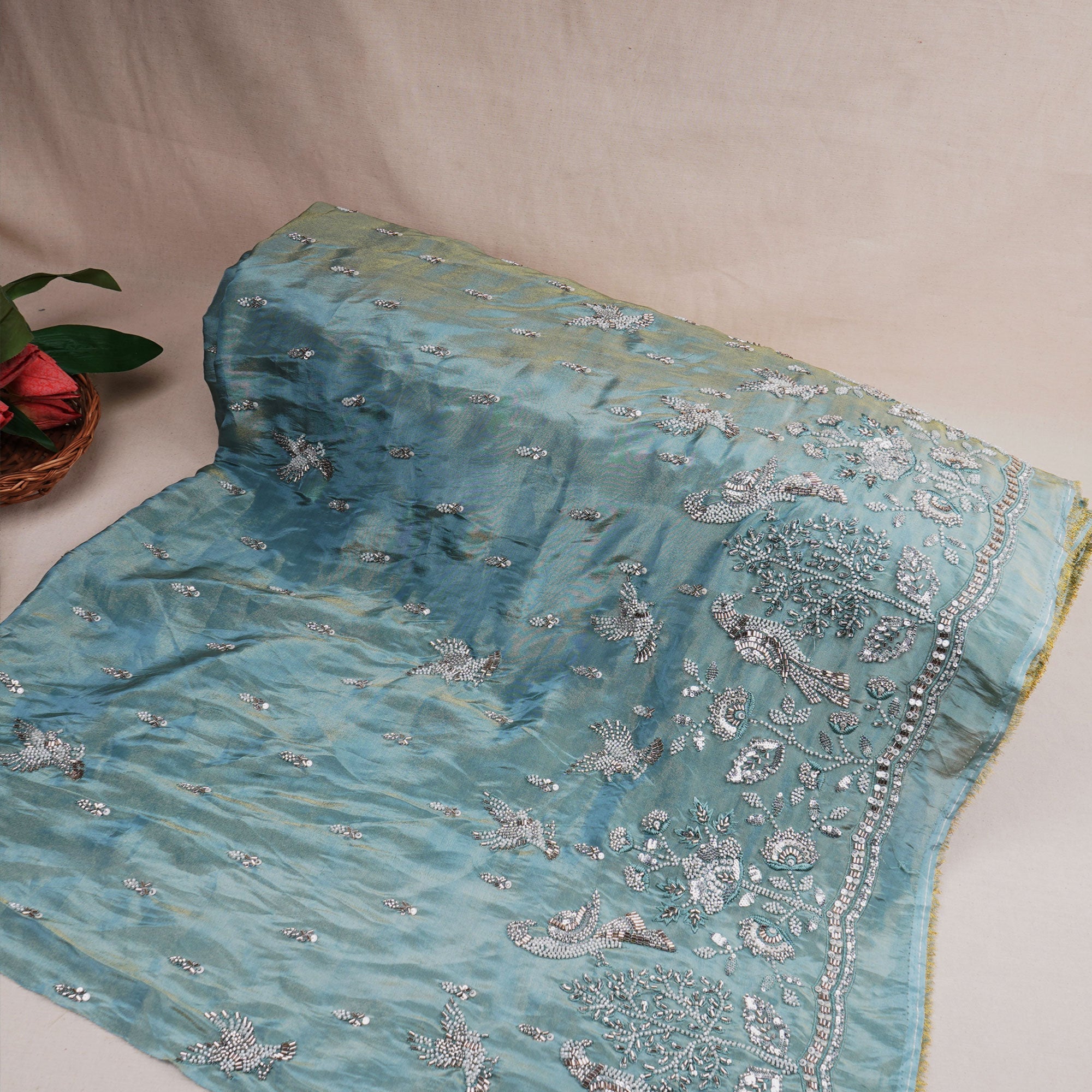 Blue Cutdana Sequins Embroidery Tissue Fabric WI-24375