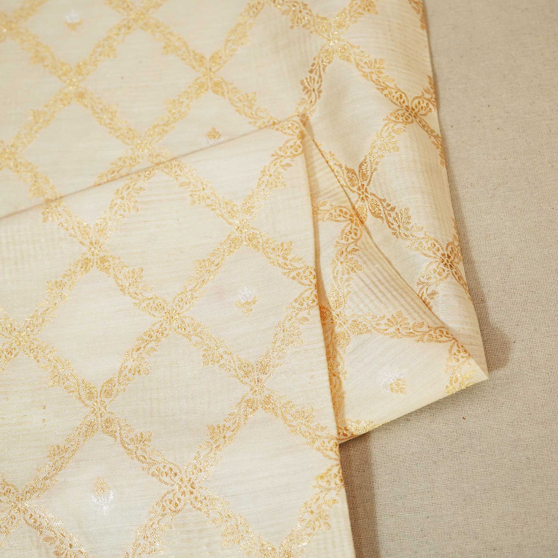 Off White & Golden Rupa Jaal Rangkat Munga Silk Tissue YF-24433
