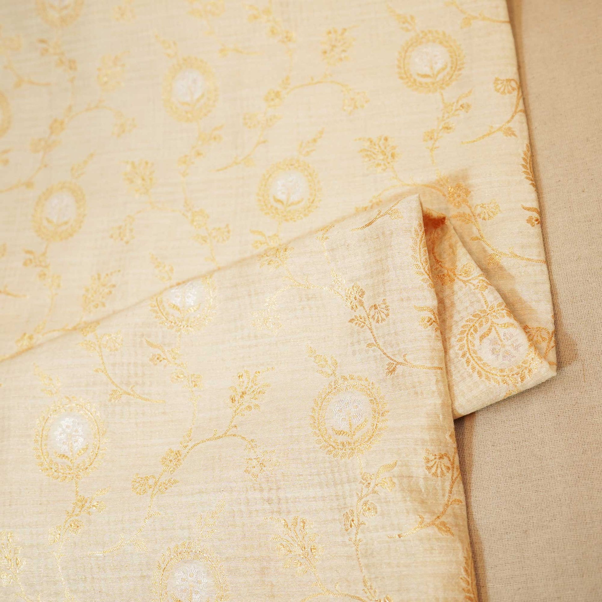 Off White & Golden Rupa Jaal Rangkat Munga Silk Tissue YF-24434