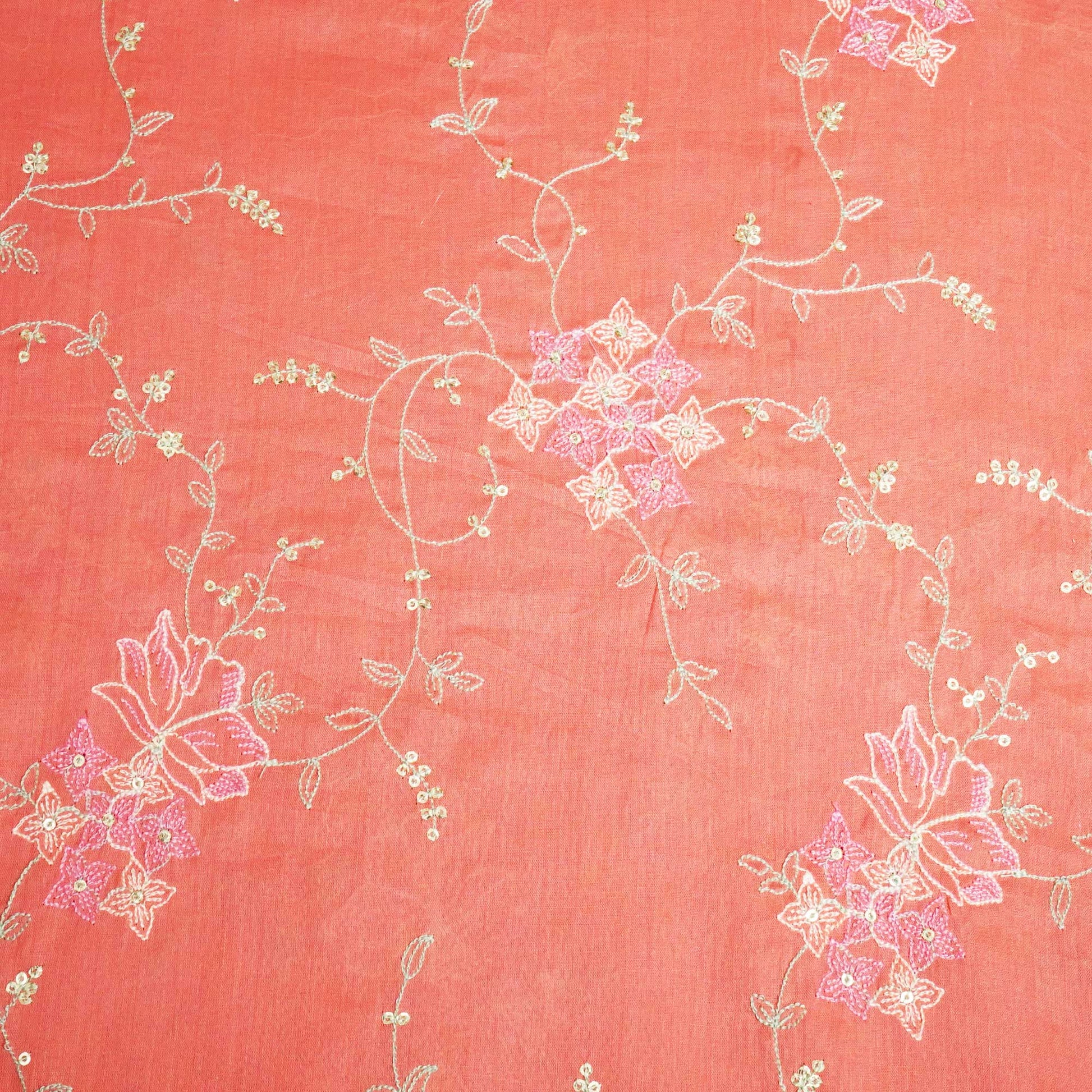Brick Red Sequins Thread Embroidery Chanderi Fabric WI-24493