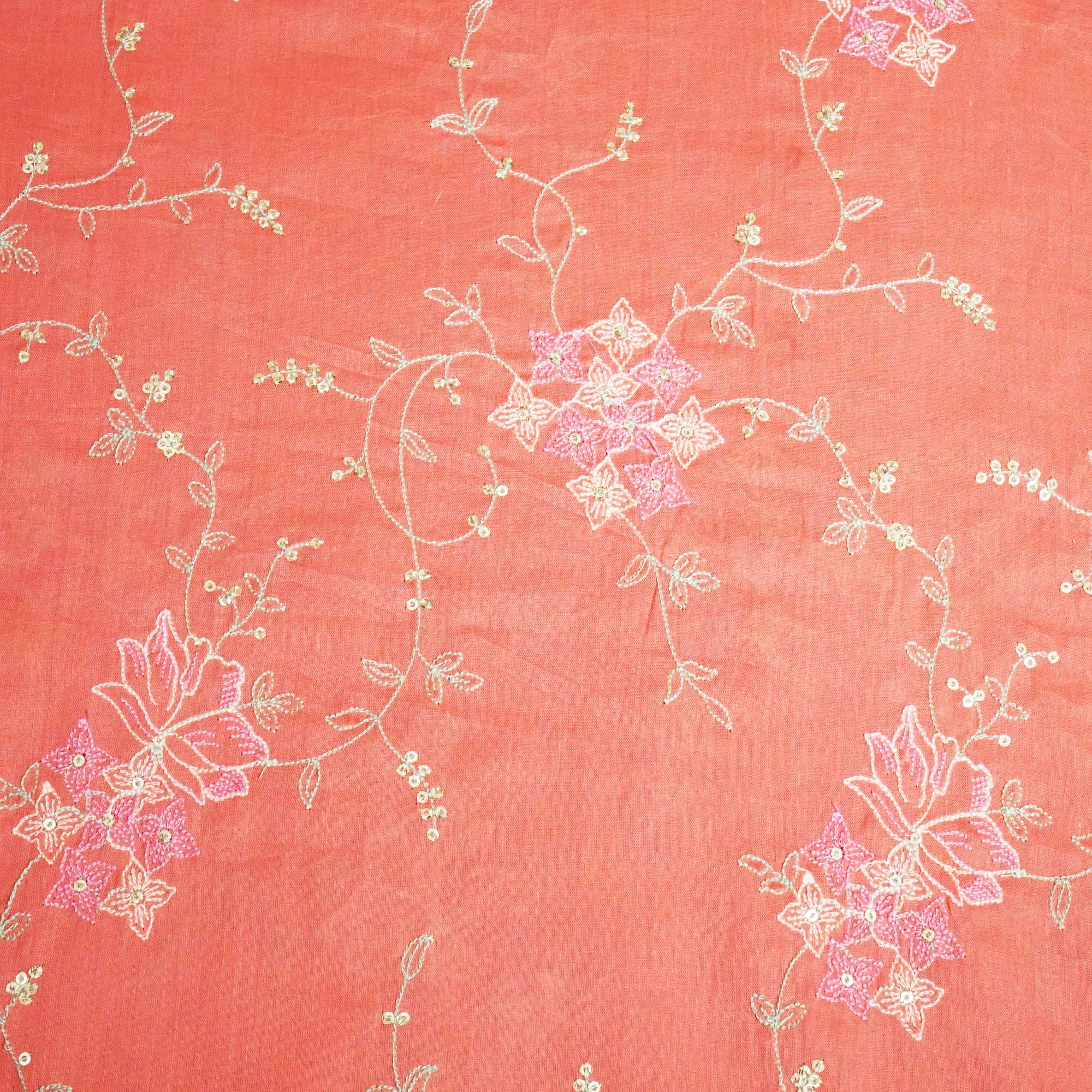 Brick Red Sequins Thread Embroidery Chanderi Fabric WI-24493