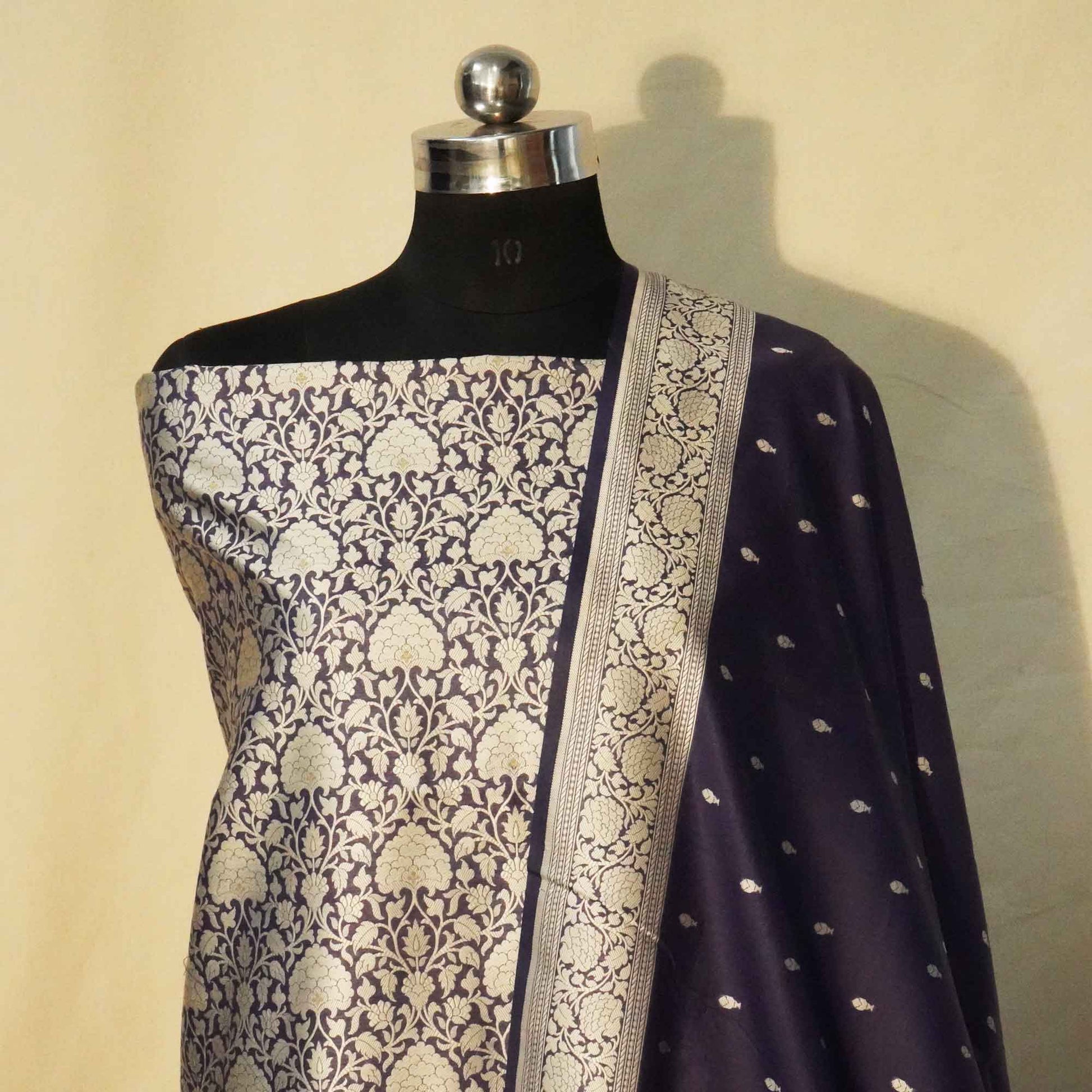 Navy Blue Jaal (Top-Cotton,Bottom-Cotton,Dupatta-Chanderi) Suit Set Jaal Cotton Chanderi Fabric KMH-24518  