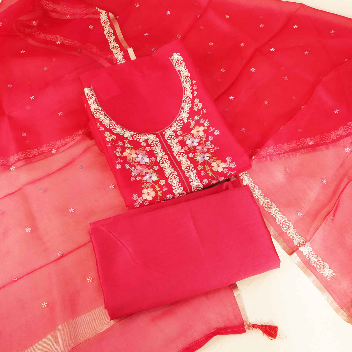 Magenta Embroidery (Top-Organza,Bottom-Organza,Dupatta-Organza) Organza Fabric HNA-24545  