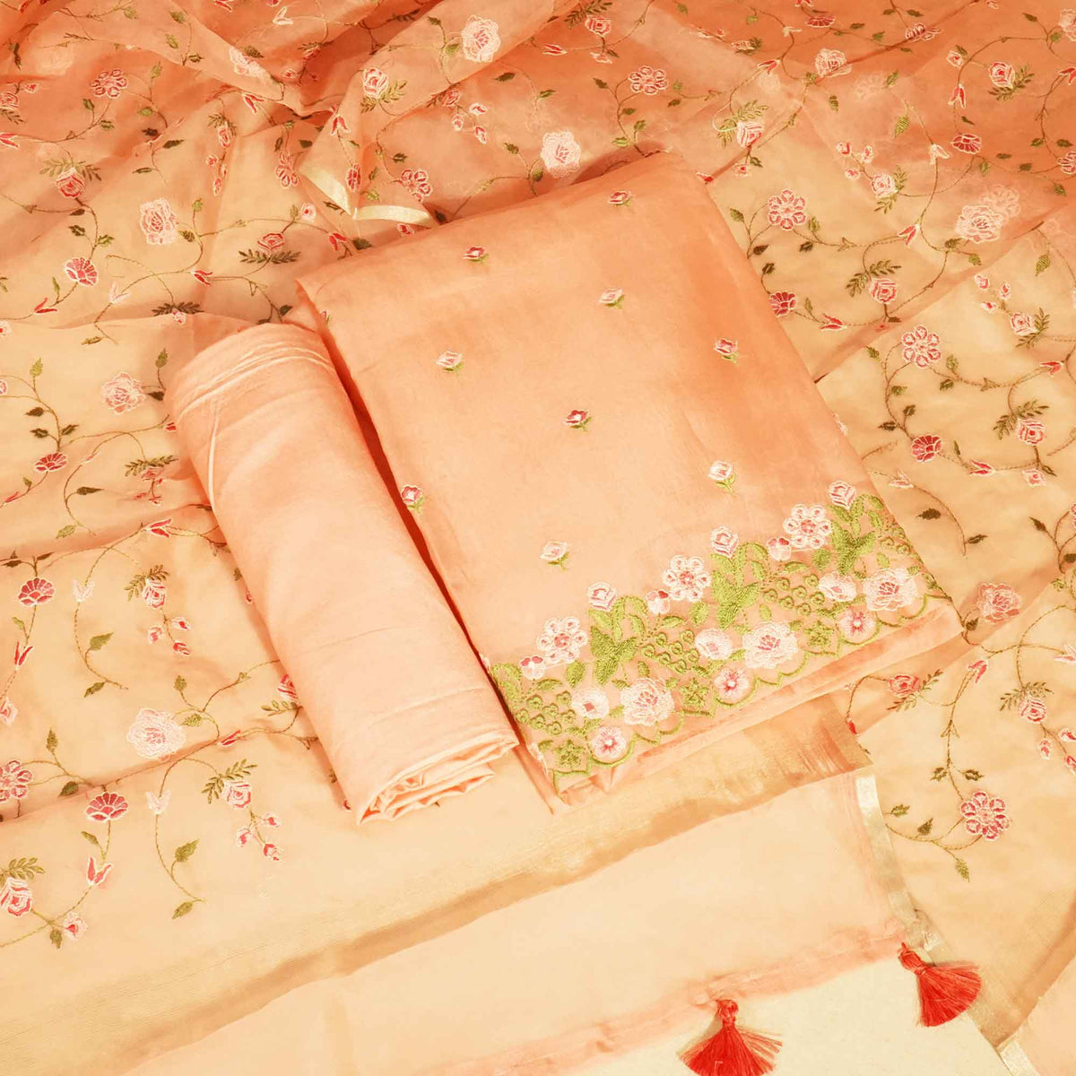 Pink Embroidery (Top-Organza,Bottom-Cotton Satin,Dupatta-Organza) Organza Fabric HNA-24547  