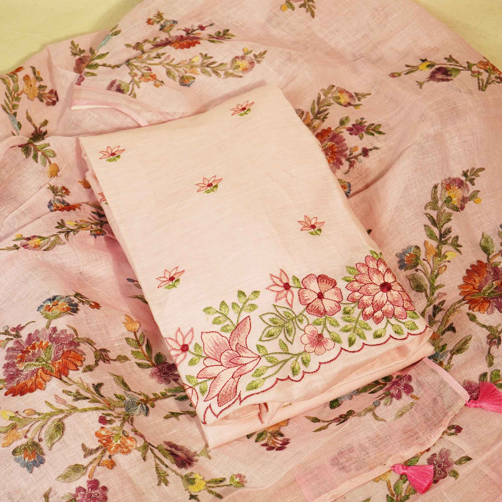 Pink Embroidery (Top-Cotton Linen,Bottom-Cotton Satin,Dupatta-Cotton Linen) Cotton Linen Fabric HNA-24550  