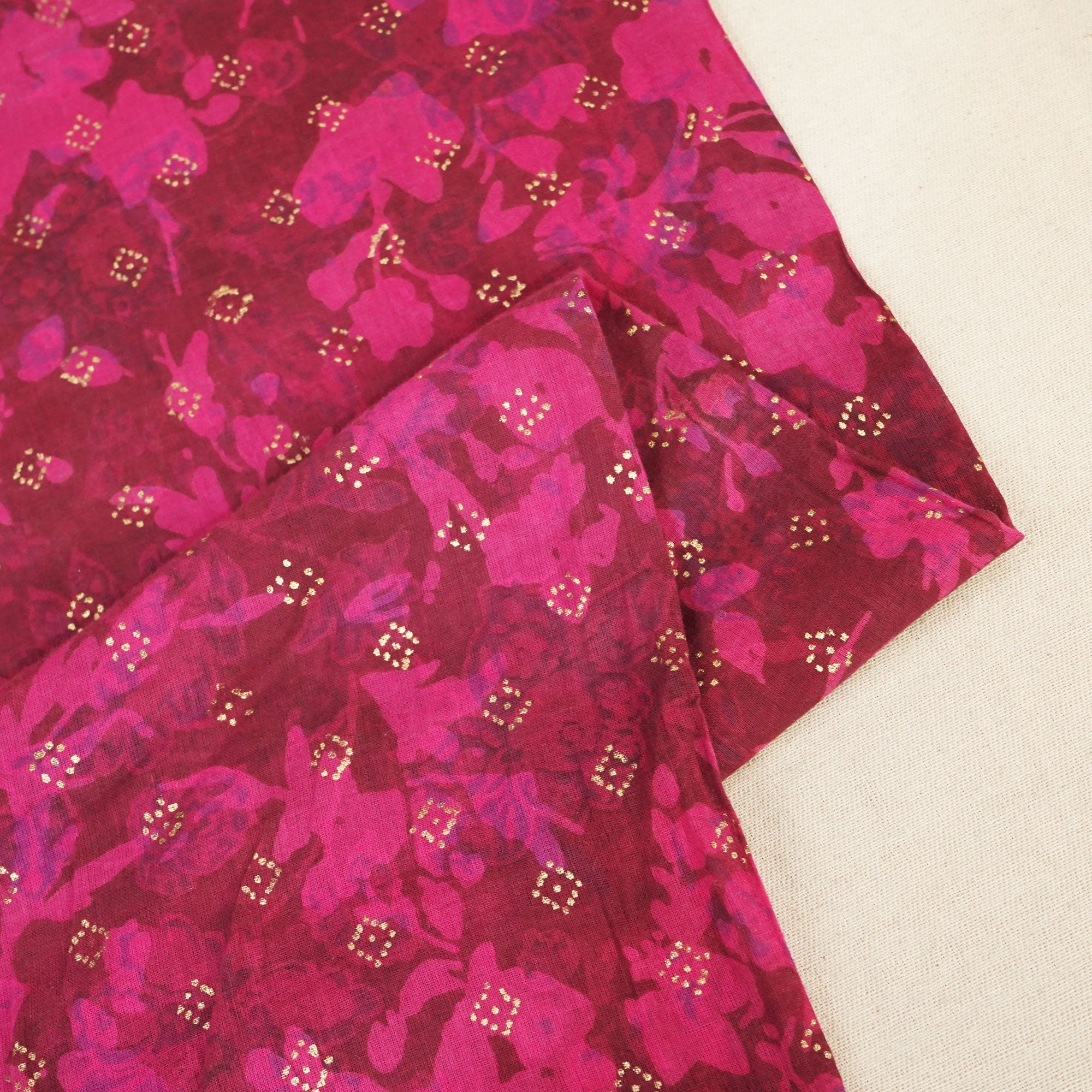 Magenta Foil Print Mulmul Fabric NC-24582